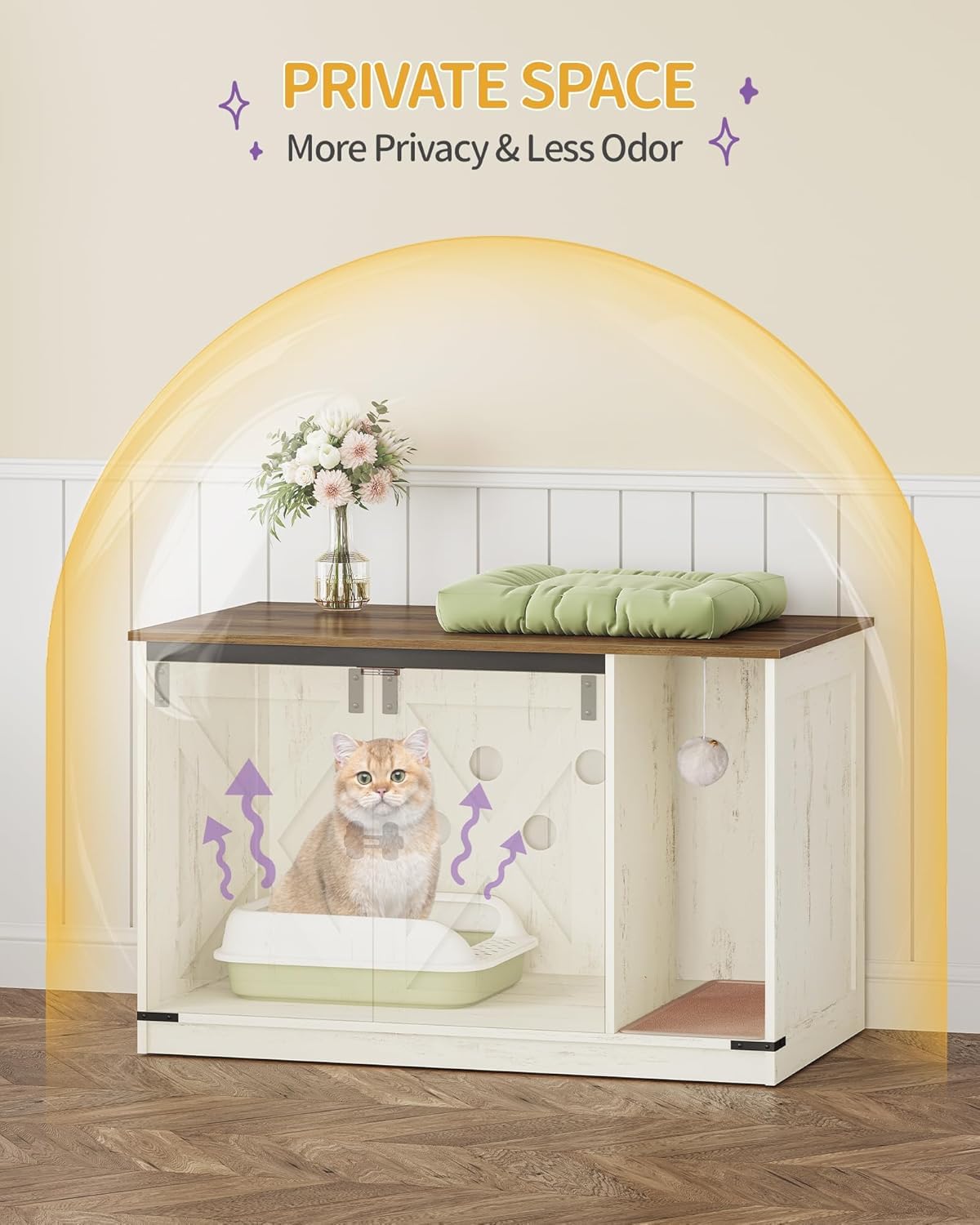 Hzuaneri cat litter box enclosure interior shows carpet to reduce litter spray.