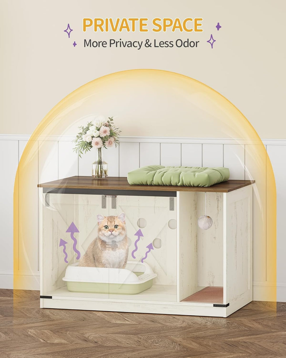 Hzuaneri cat litter box enclosure interior shows carpet to reduce litter spray.