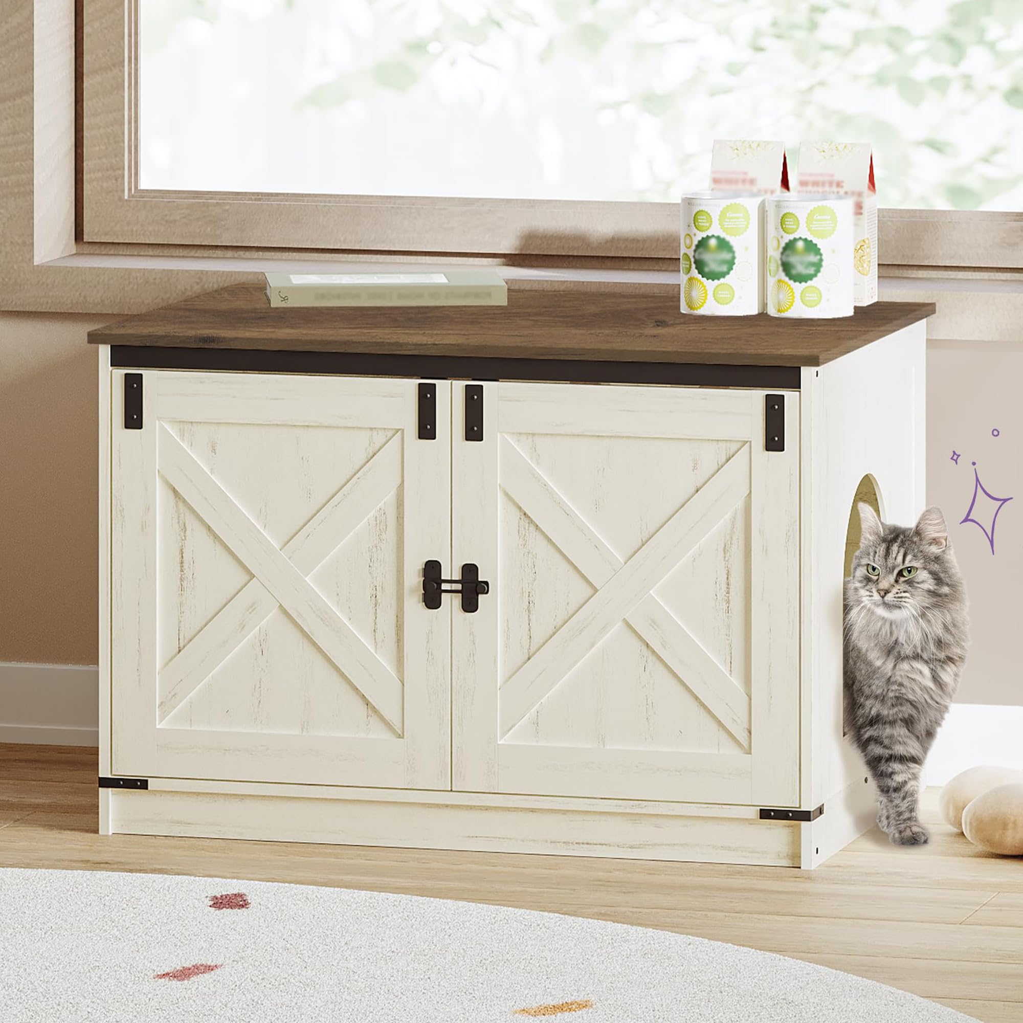Hzuaneri cat litter box enclosure with cushion provides a cozy, private space.