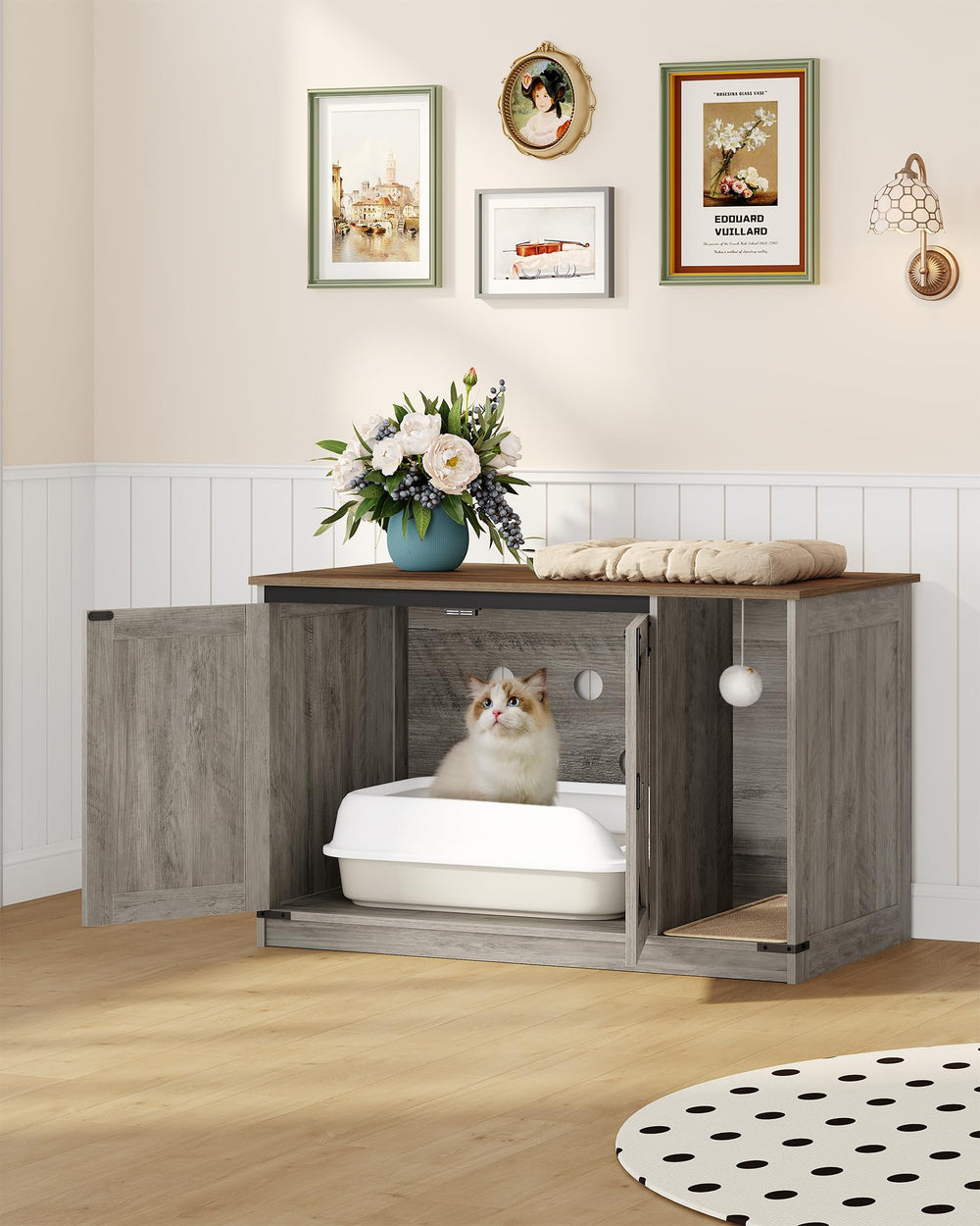 Hzuaneri cat litter box enclosure dimension setup illustrates easy placement in a home.
