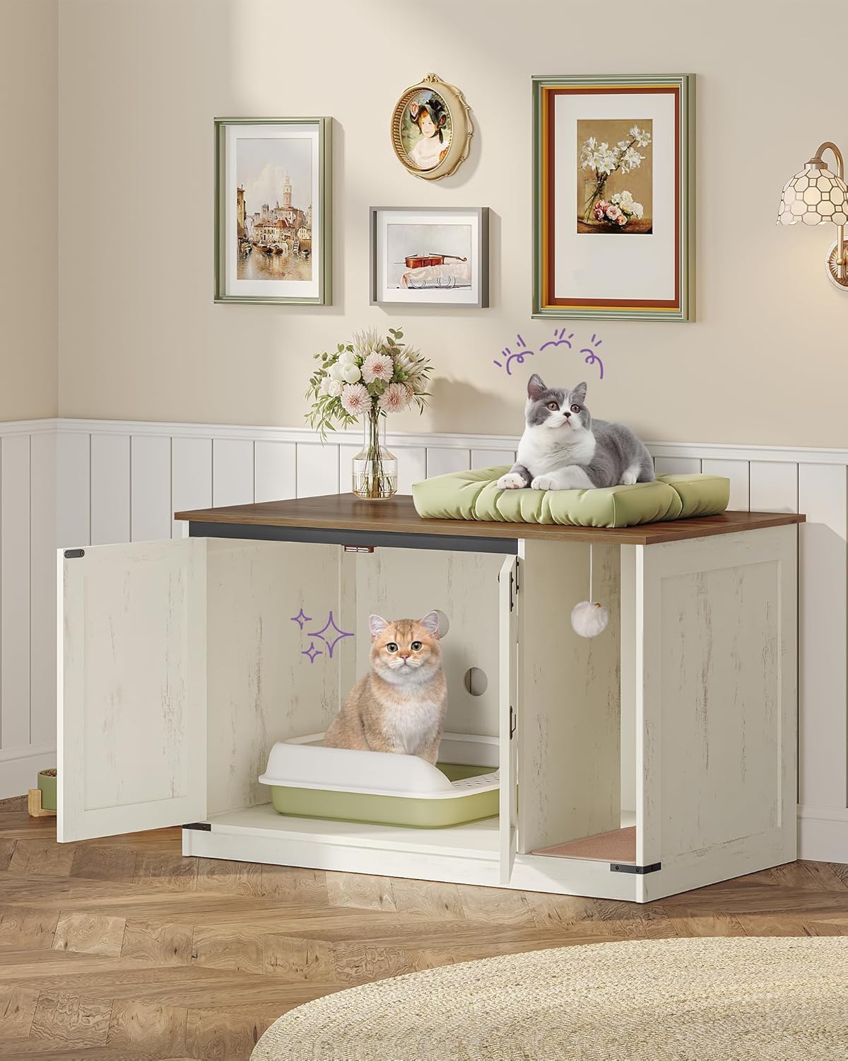 Hzuaneri cat litter box enclosure doors open with rustic design.