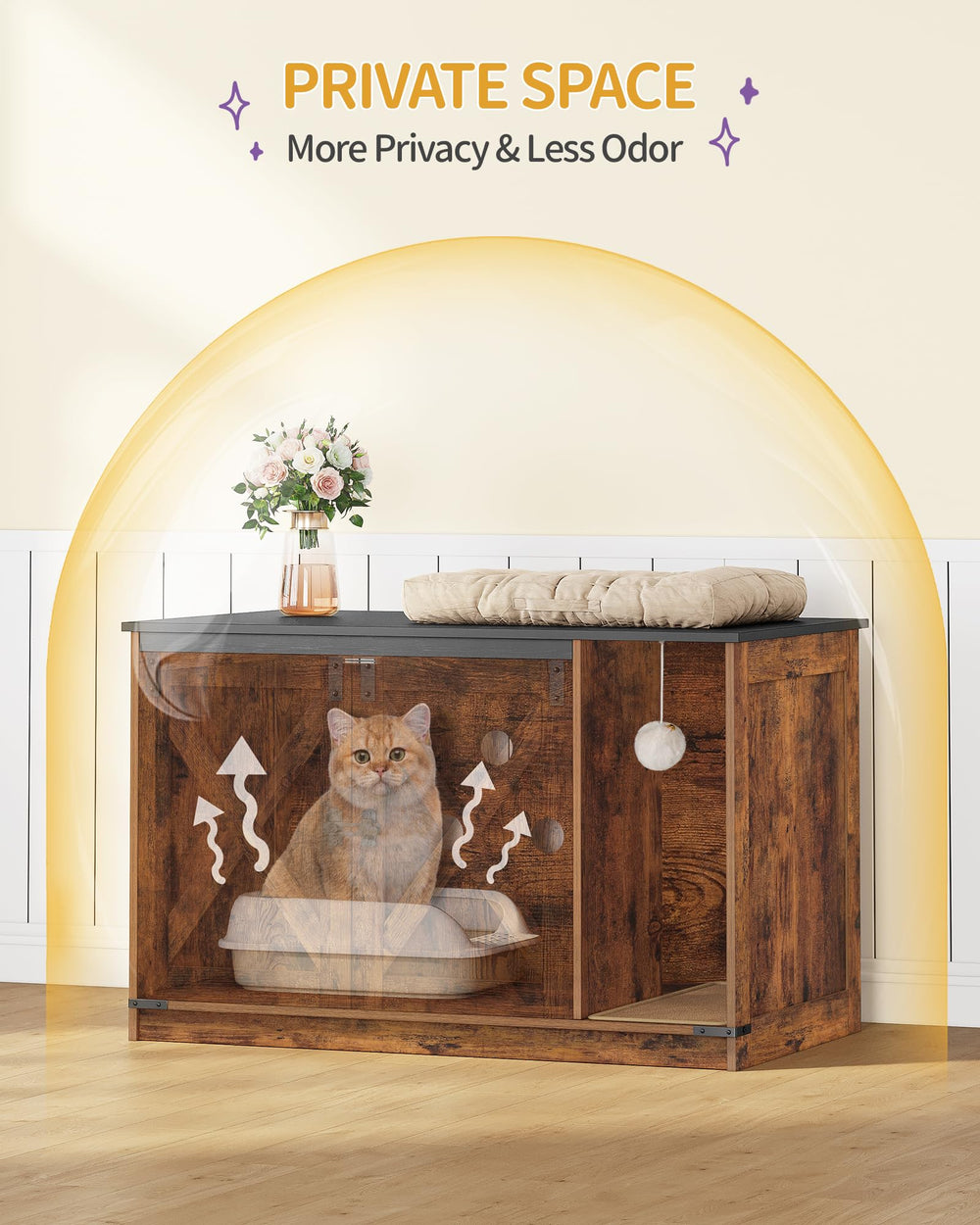 Hzuaneri cat-litter-box-enclosure-feature-carpet demonstrates litter containment inside.