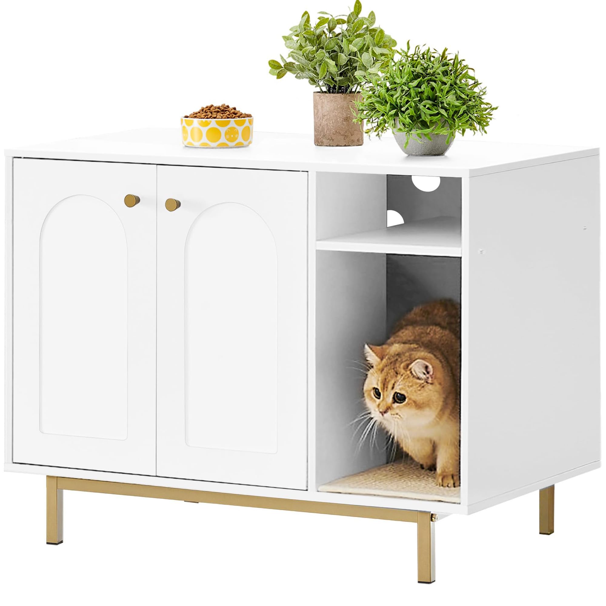 Hzuaneri cat litter box enclosure front view with white-gold finish hides litter effectively