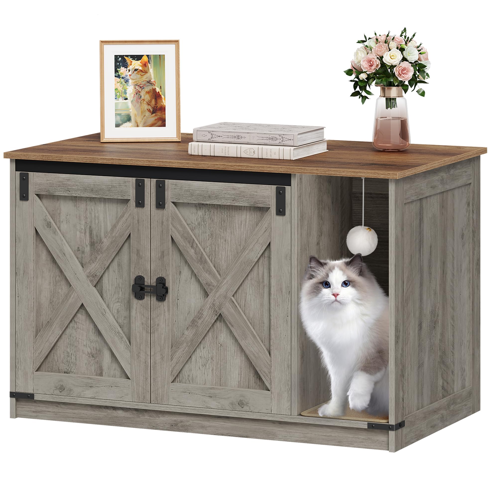 Hzuaneri cat litter box enclosure front view shows discreet farmhouse design for living spaces.