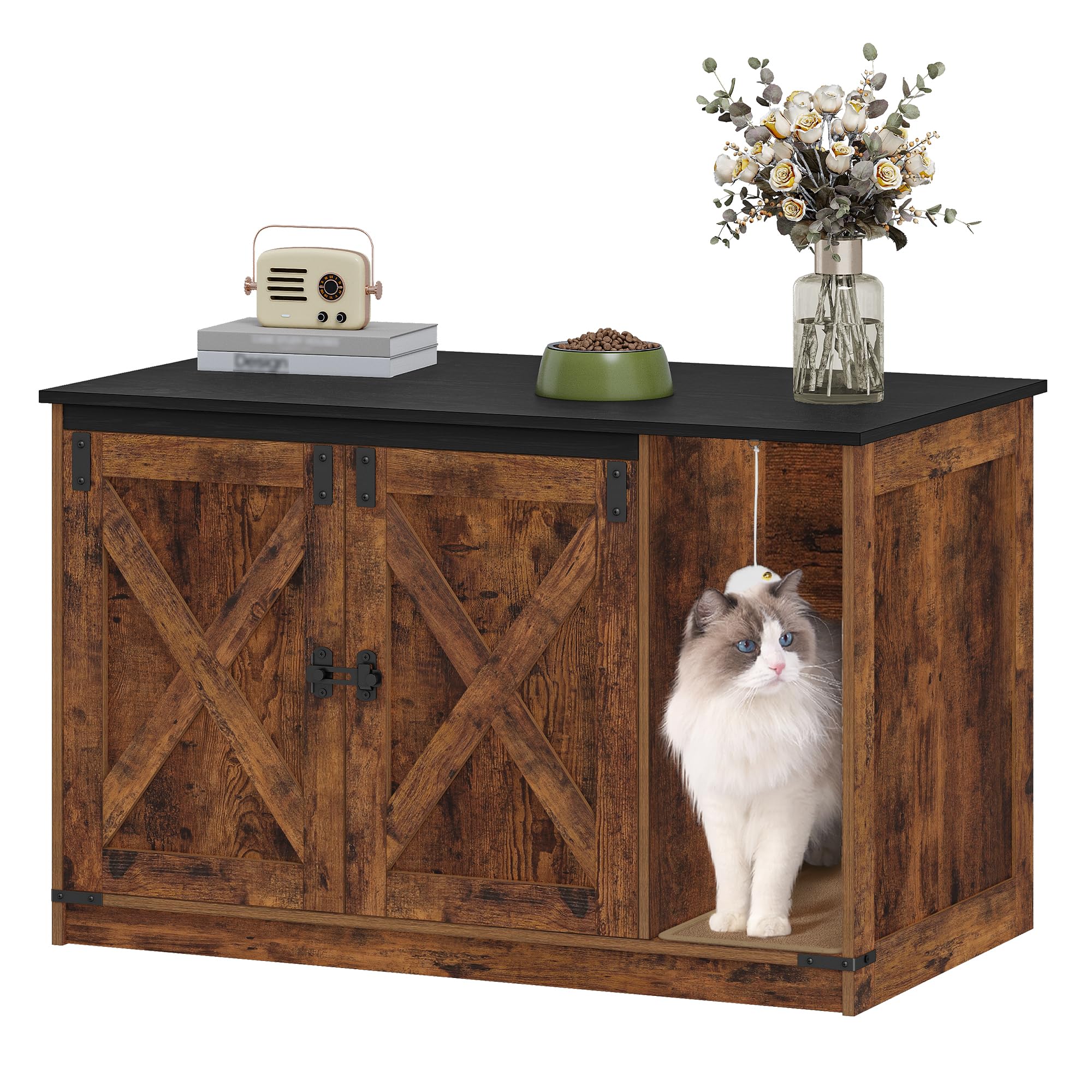Hzuaneri cat litter box enclosure front view shows rustic cabinet design with hidden litter area.