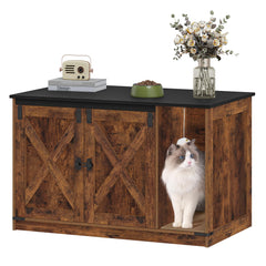 Hzuaneri cat litter box enclosure front view shows rustic cabinet design with hidden litter area.