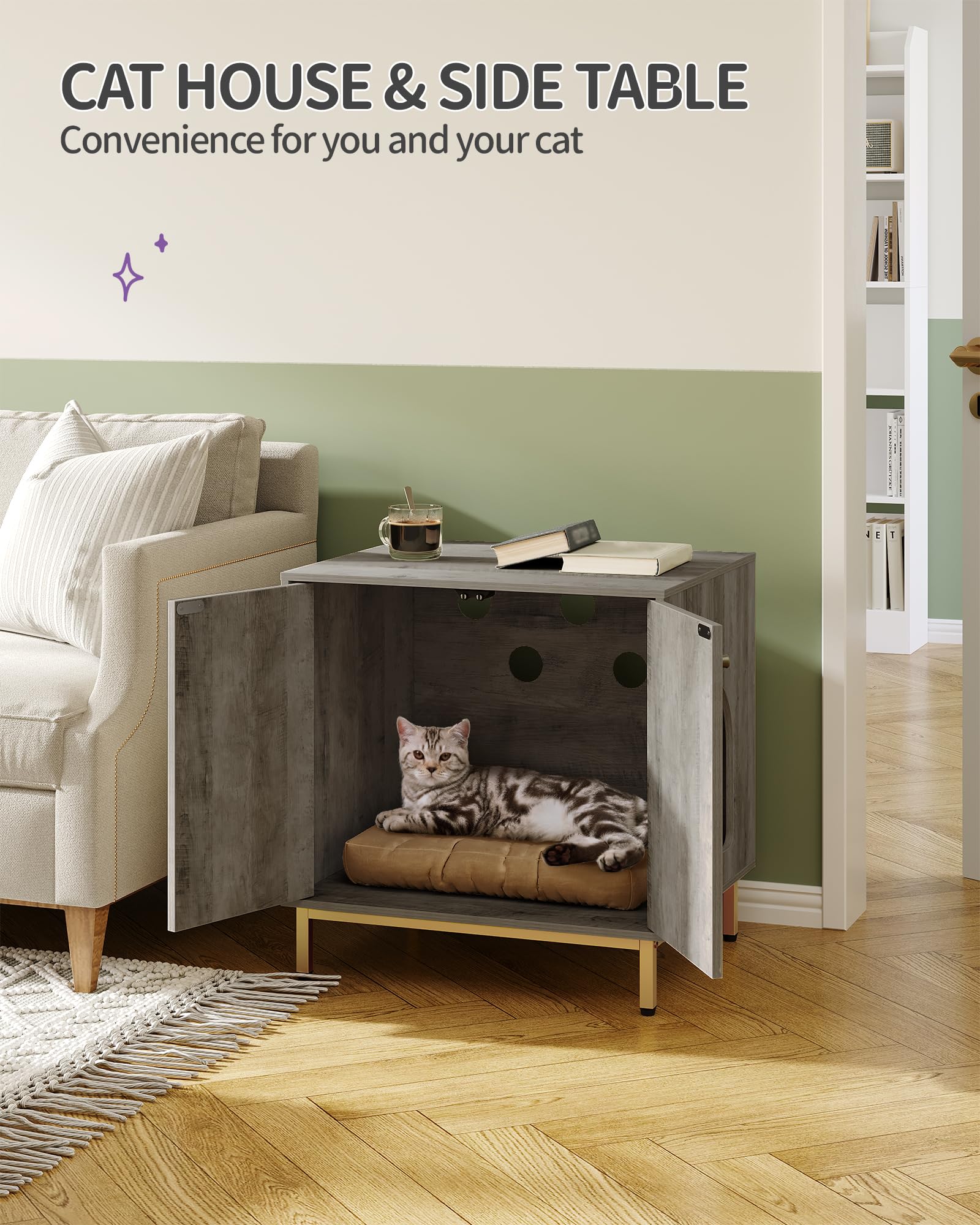 Hzuaneri Cat Litter Box Enclosure greige-gold finish complements modern interiors.