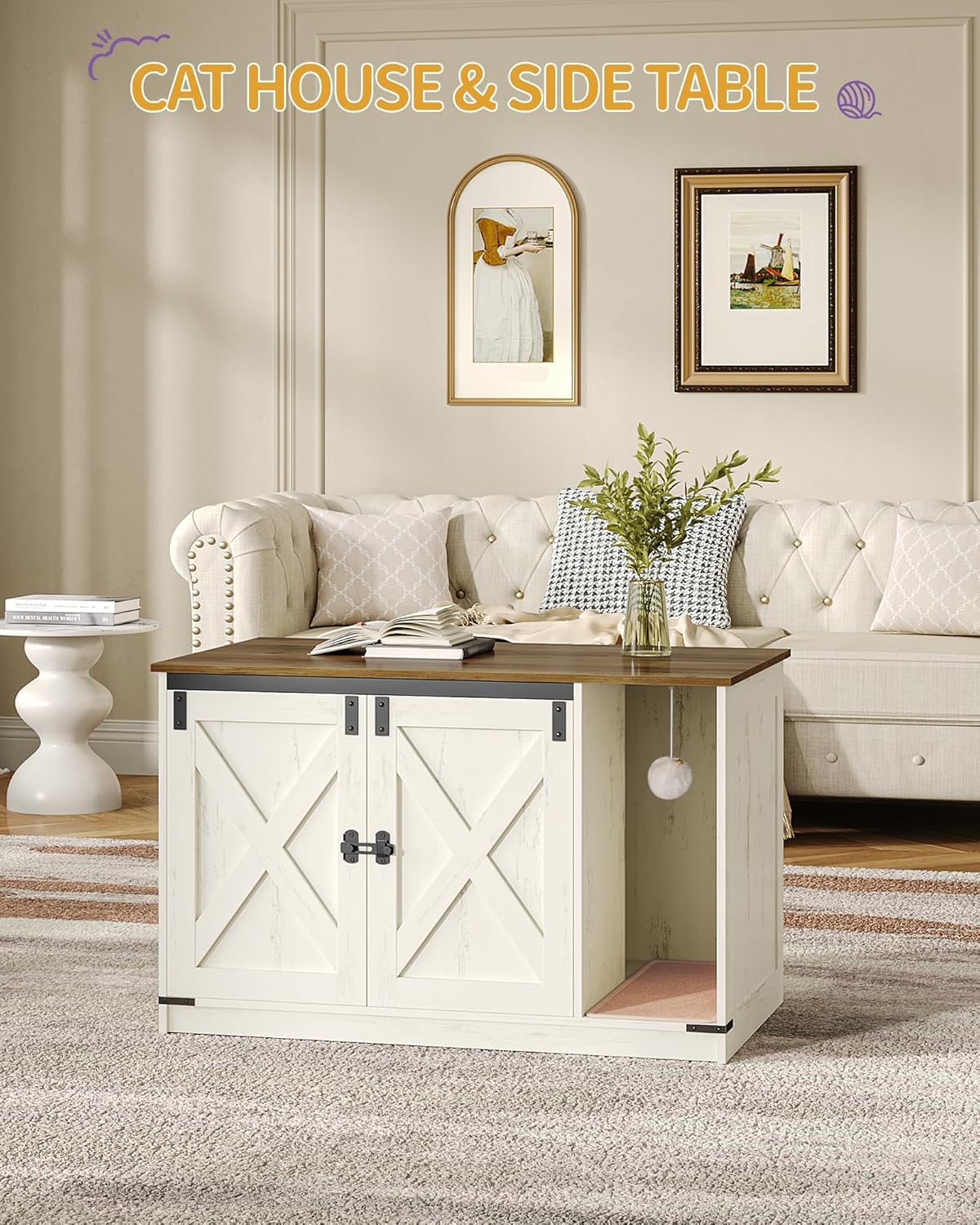 Hzuaneri cat litter box enclosure inside view shows carpet to minimize scatter.