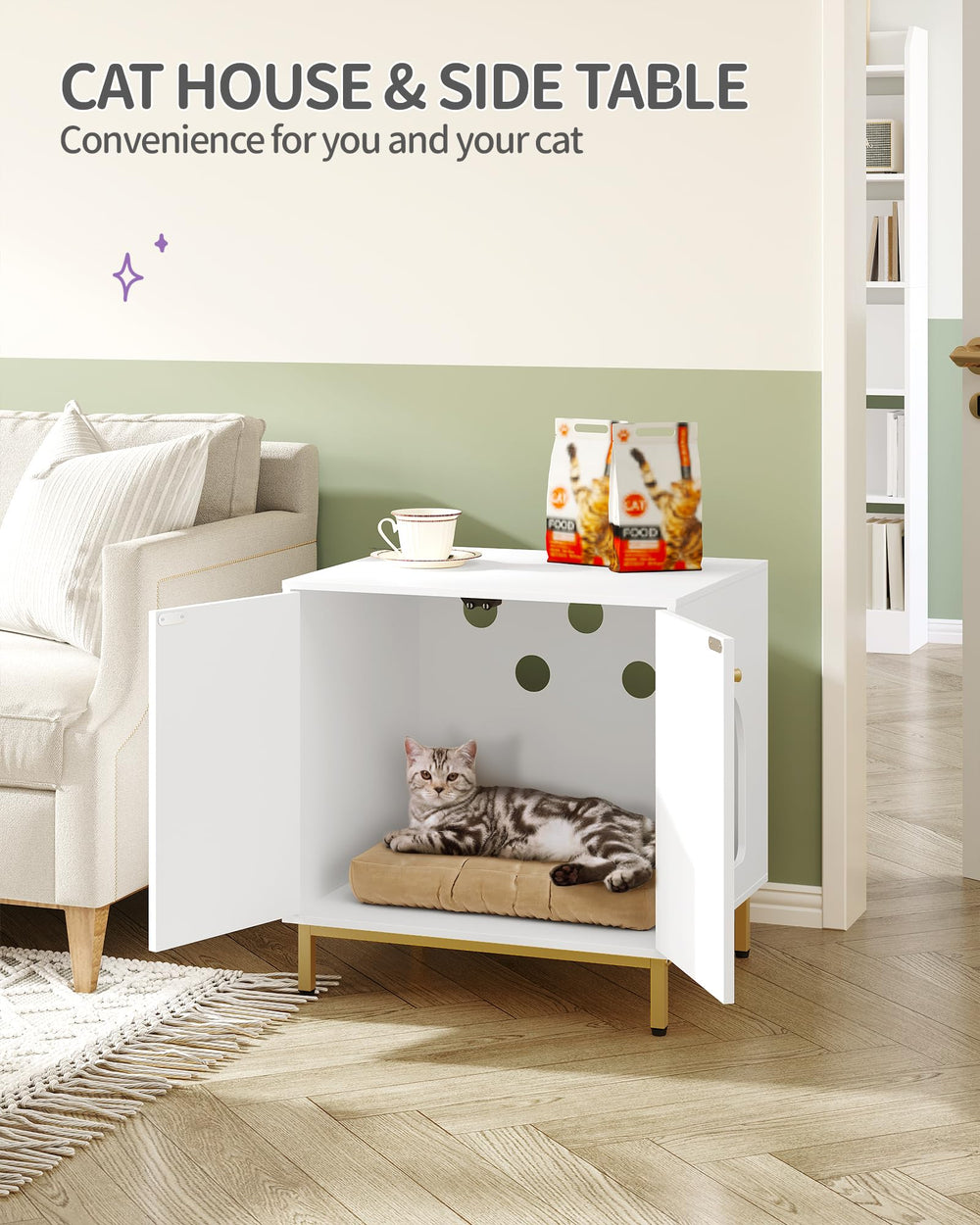 Hzuaneri cat litter enclosure in living room as stylish end table and hideaway