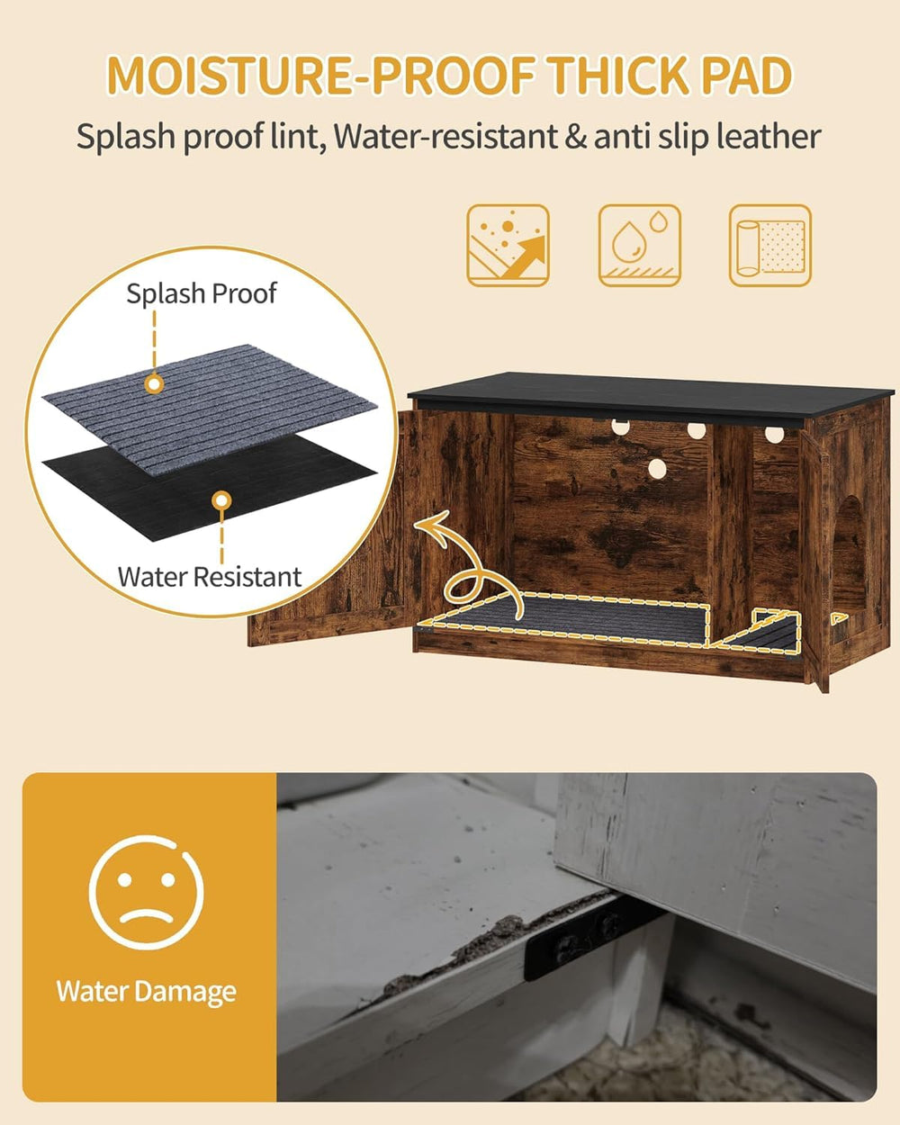 Hzuaneri cat litter box enclosure moisture-proof pads reduce splashes and protect furniture.