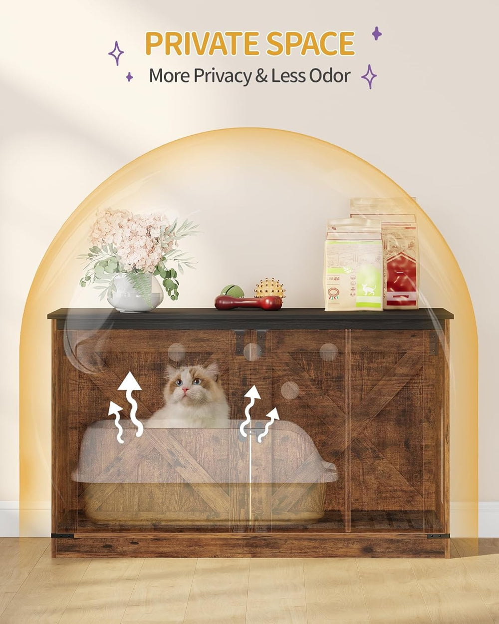 Hzuaneri cat litter box enclosure rustic barn door styling complements home decor.