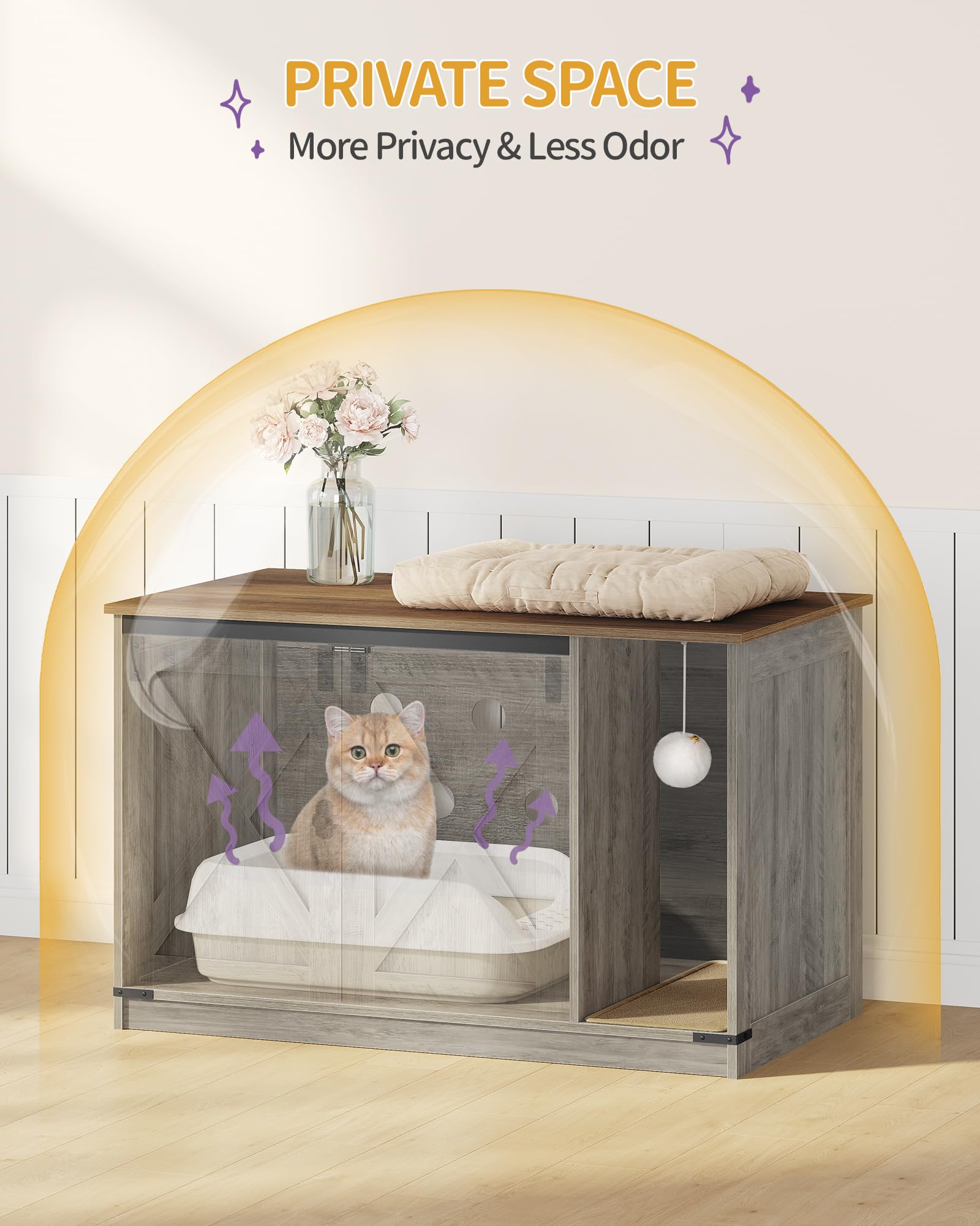 Hzuaneri cat litter box enclosure includes scratching ball for play.