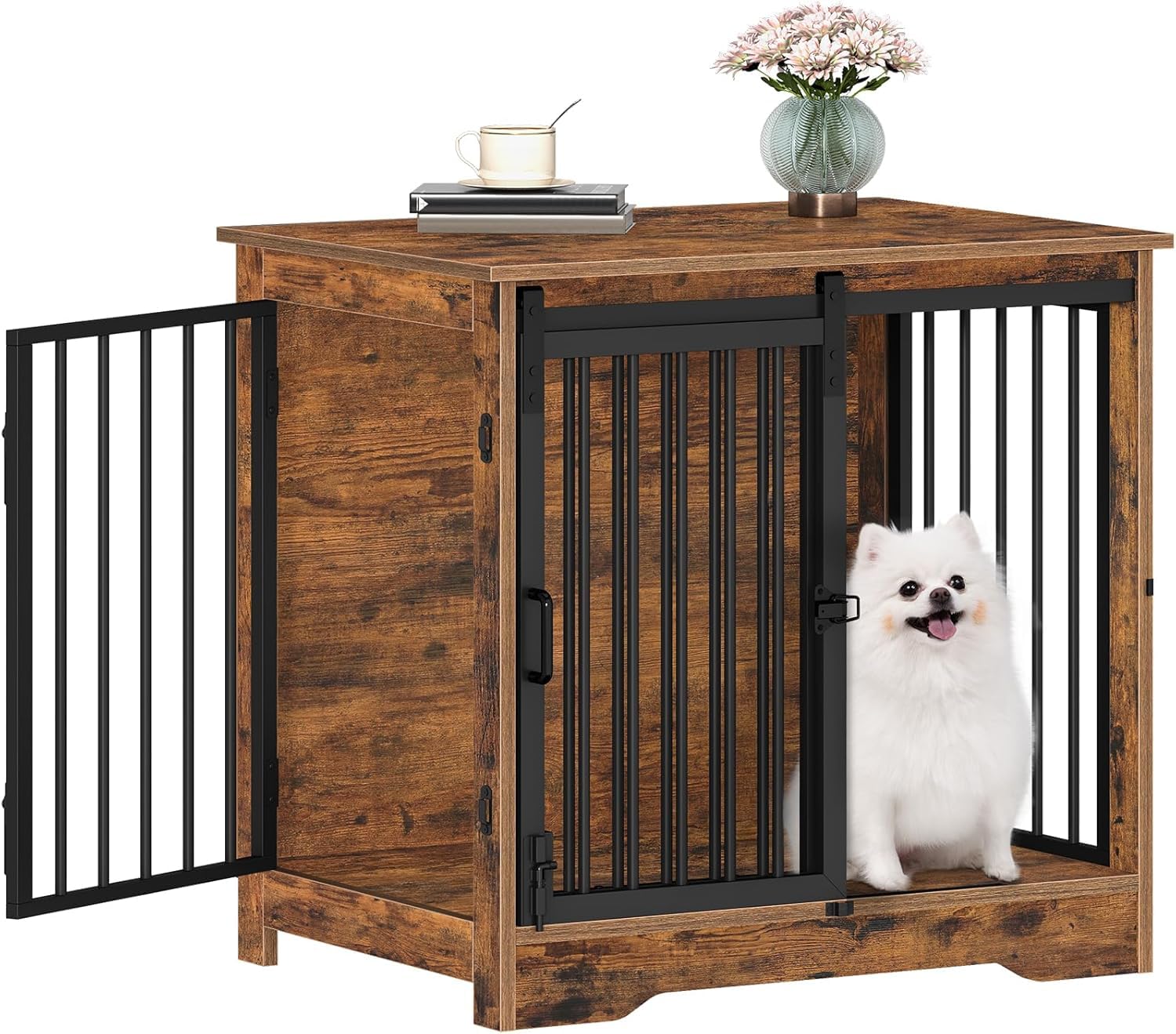 Hzuaneri dog crate with barn door closed; rustic brown finish and space-saving design for small pets.