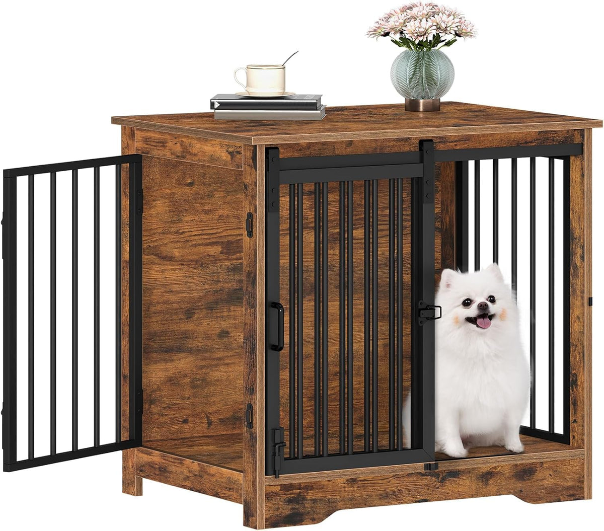 Hzuaneri dog crate with barn door closed; rustic brown finish and space-saving design for small pets.