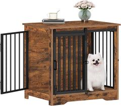 Hzuaneri dog crate with barn door closed; rustic brown finish and space-saving design for small pets.