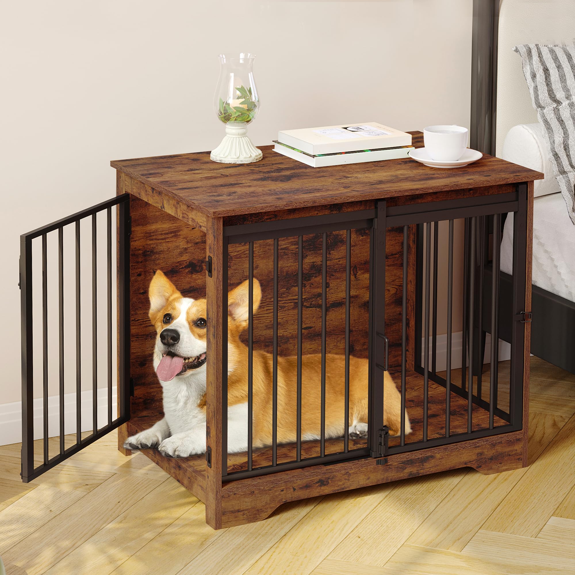 Hzuaneri dog crate with barn door front view highlighting space-saving design
