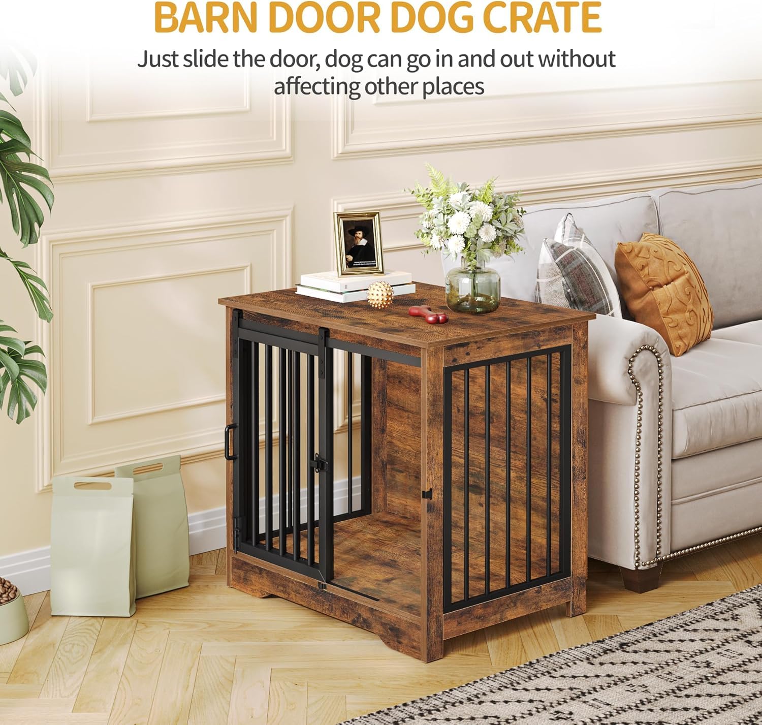 Hzuaneri dog crate with barn door open; easy access for pets and caregivers.