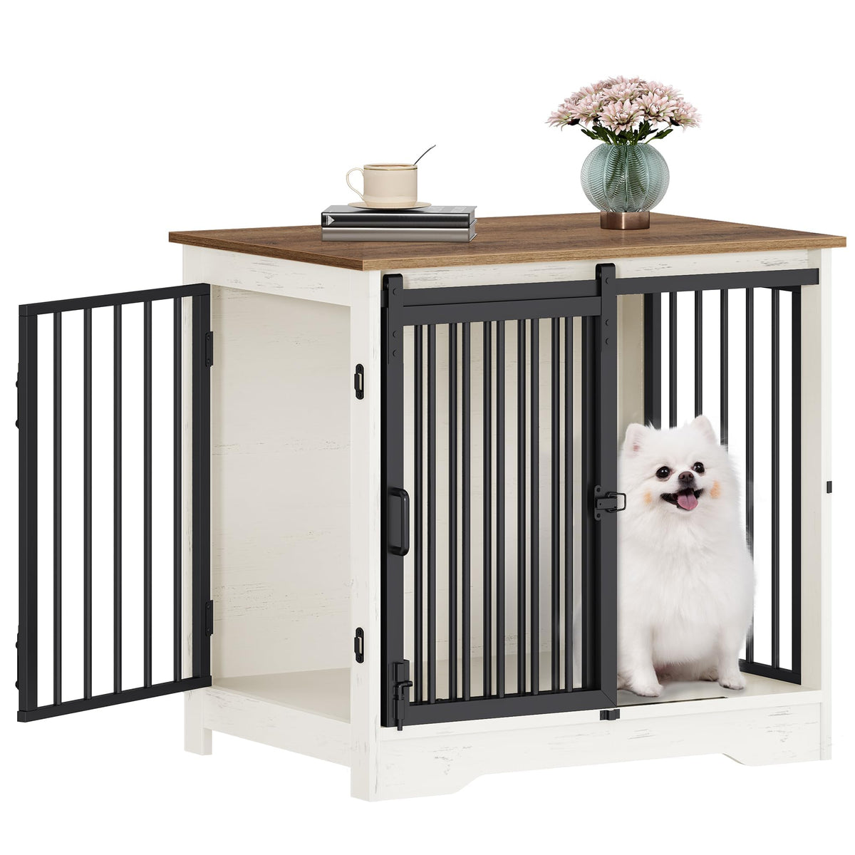 Hzuaneri dog crate furniture with barn door illustrates space-saving living room solution.