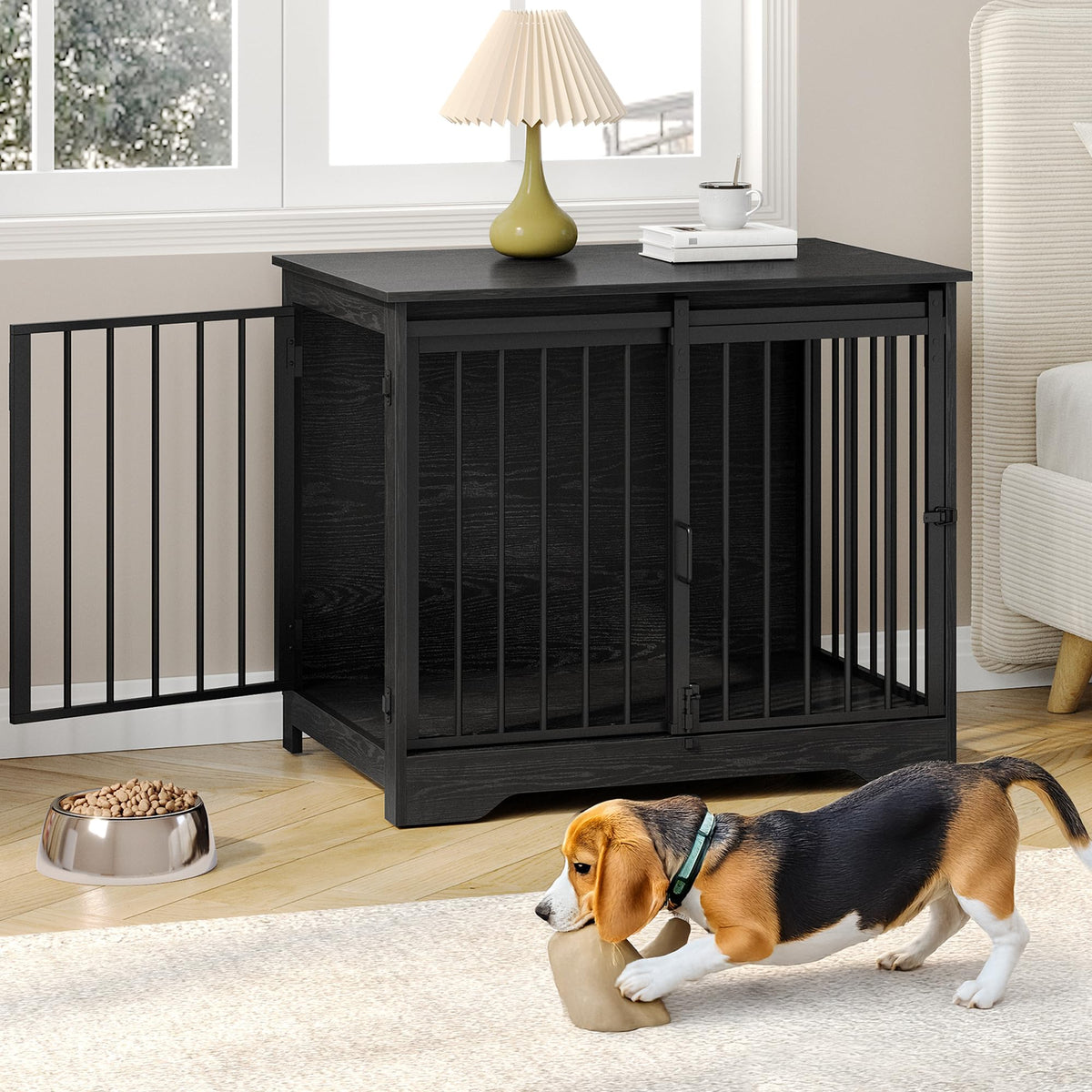 Hzuaneri dog crate furniture with barn door saves space and adds room style.