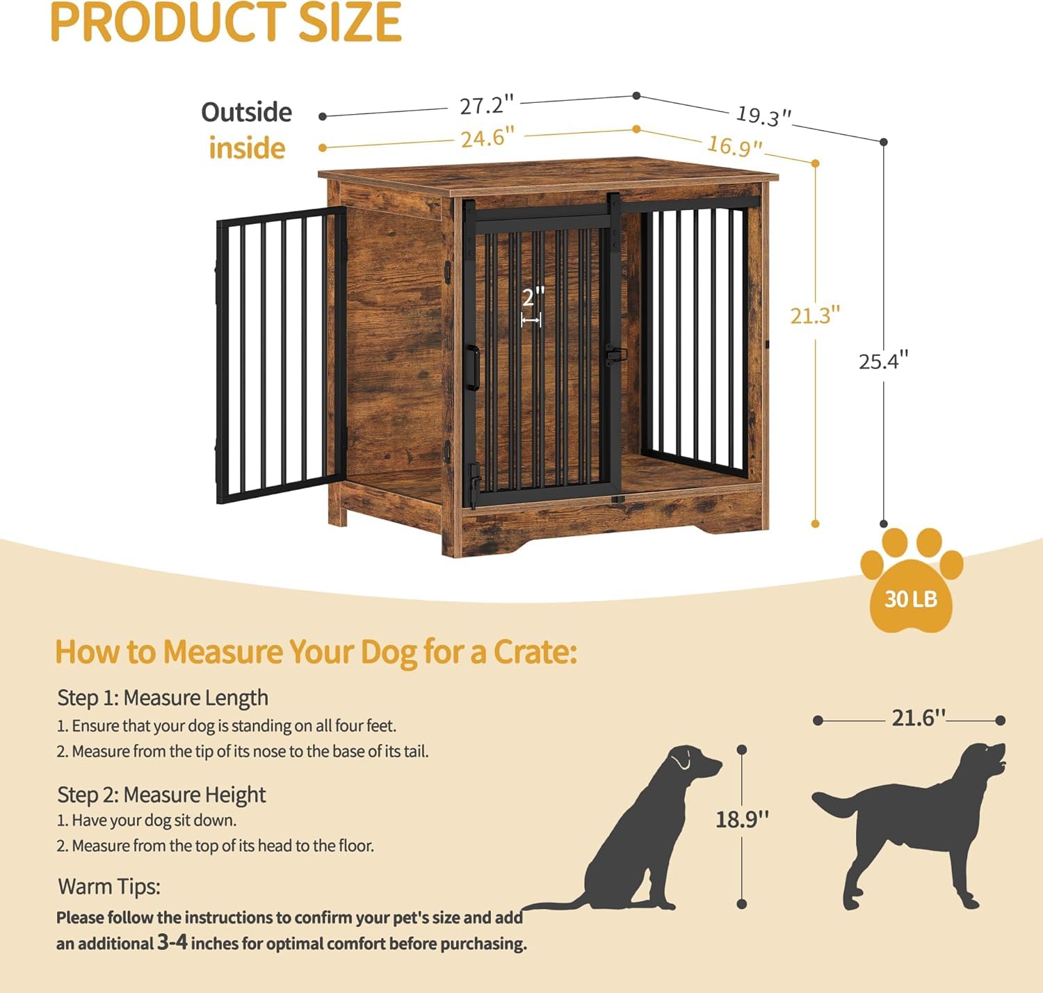 Hzuaneri crate interior dimensions; shows ample space for small dogs like Poodle or Pug.