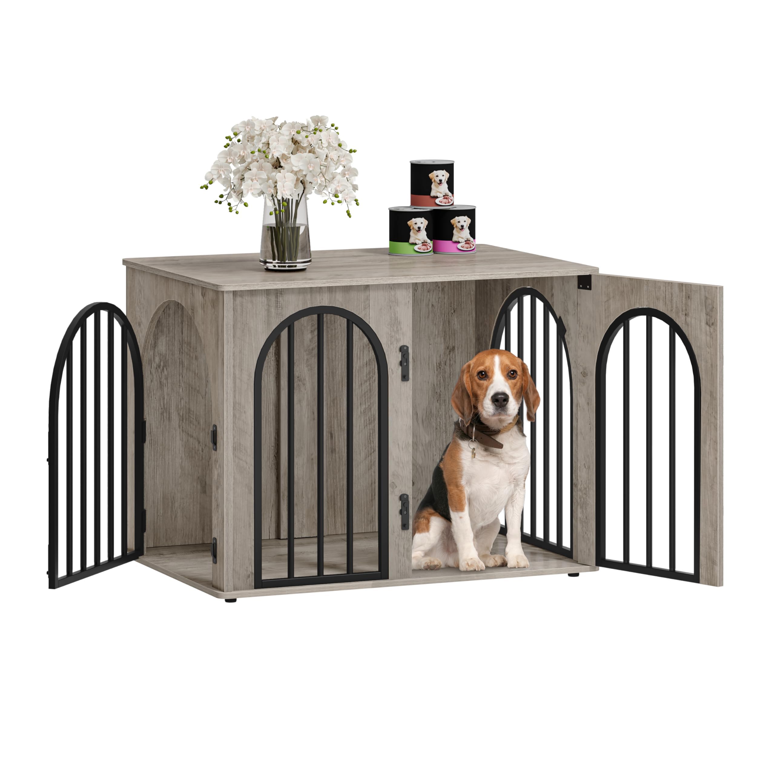 Hzuaneri dog crate wooden stand front view shows sturdy frame for indoor use.