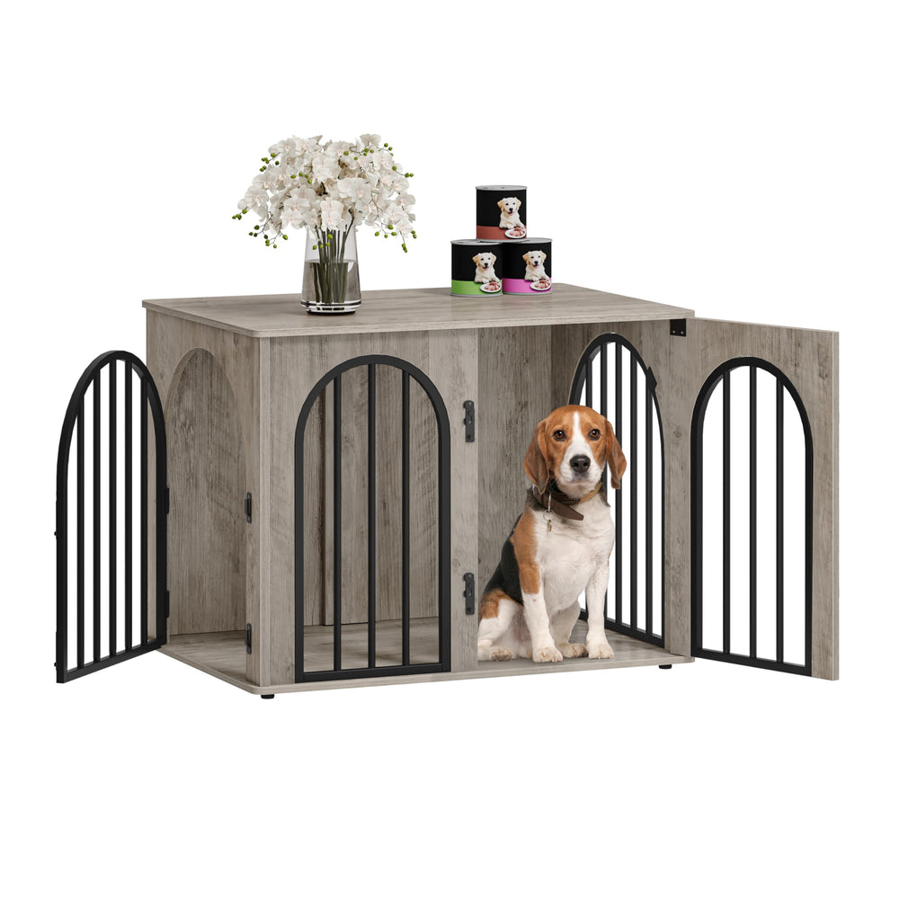 Hzuaneri dog crate wooden stand front view shows sturdy frame for indoor use.