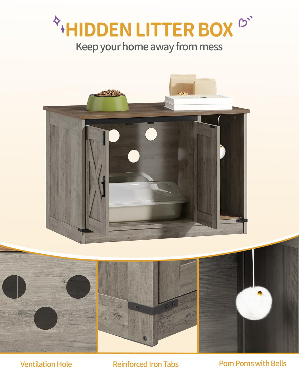 Hzuaneri hidden litter box cabinet interior featuring carpet to reduce litter scatter