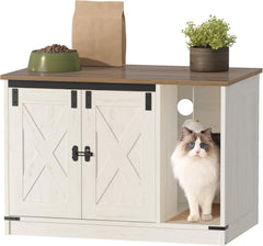 Hzuaneri hidden-litter-box-cabinet shows private litter space in rustic brown and white