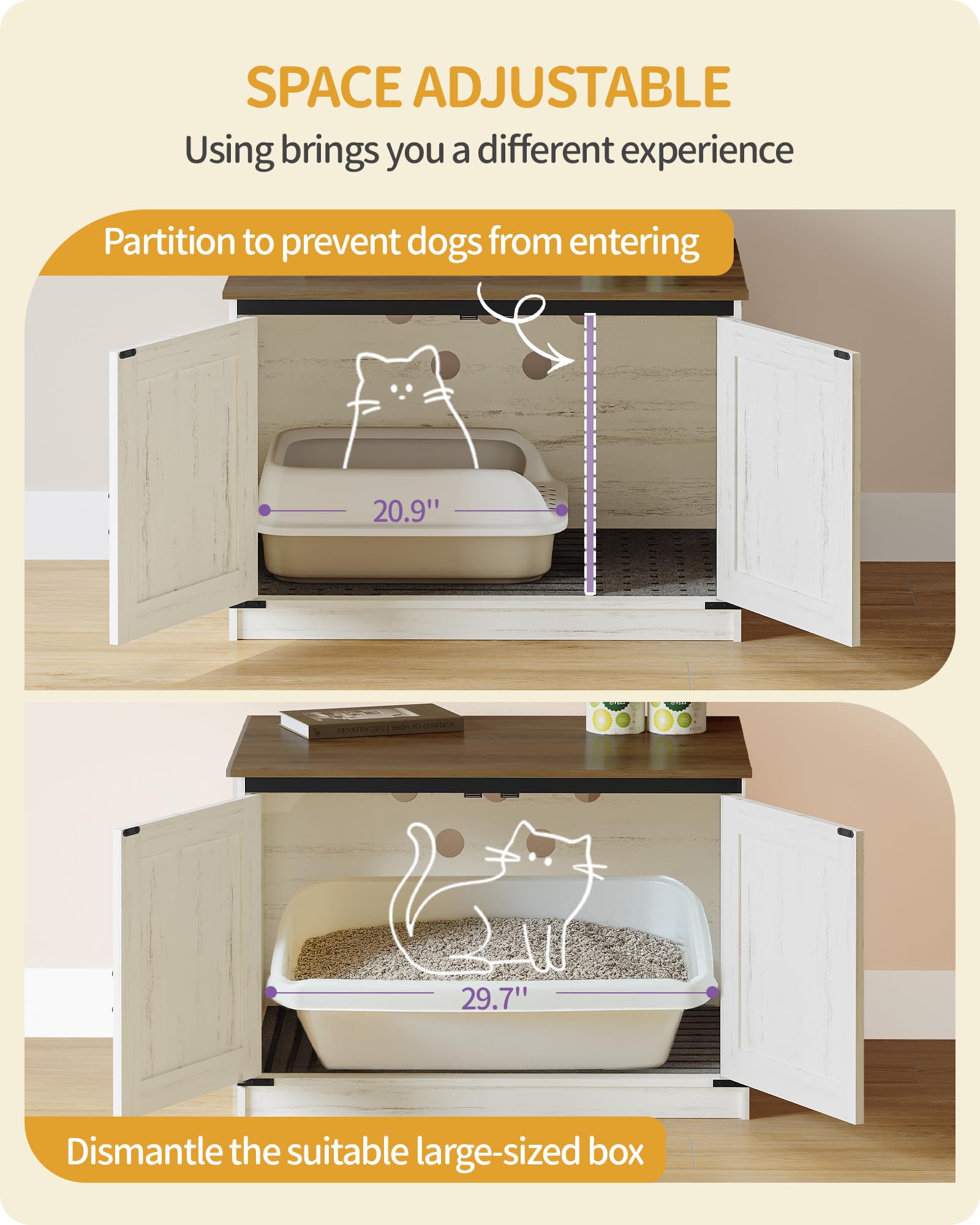 Hzuaneri removable dividers adapt interior width for larger litter boxes.