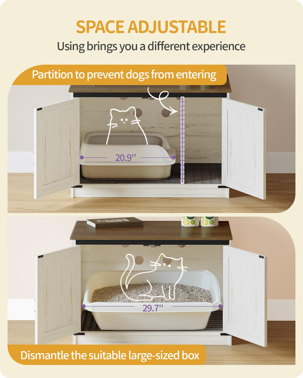 Hzuaneri removable dividers adapt interior width for larger litter boxes.