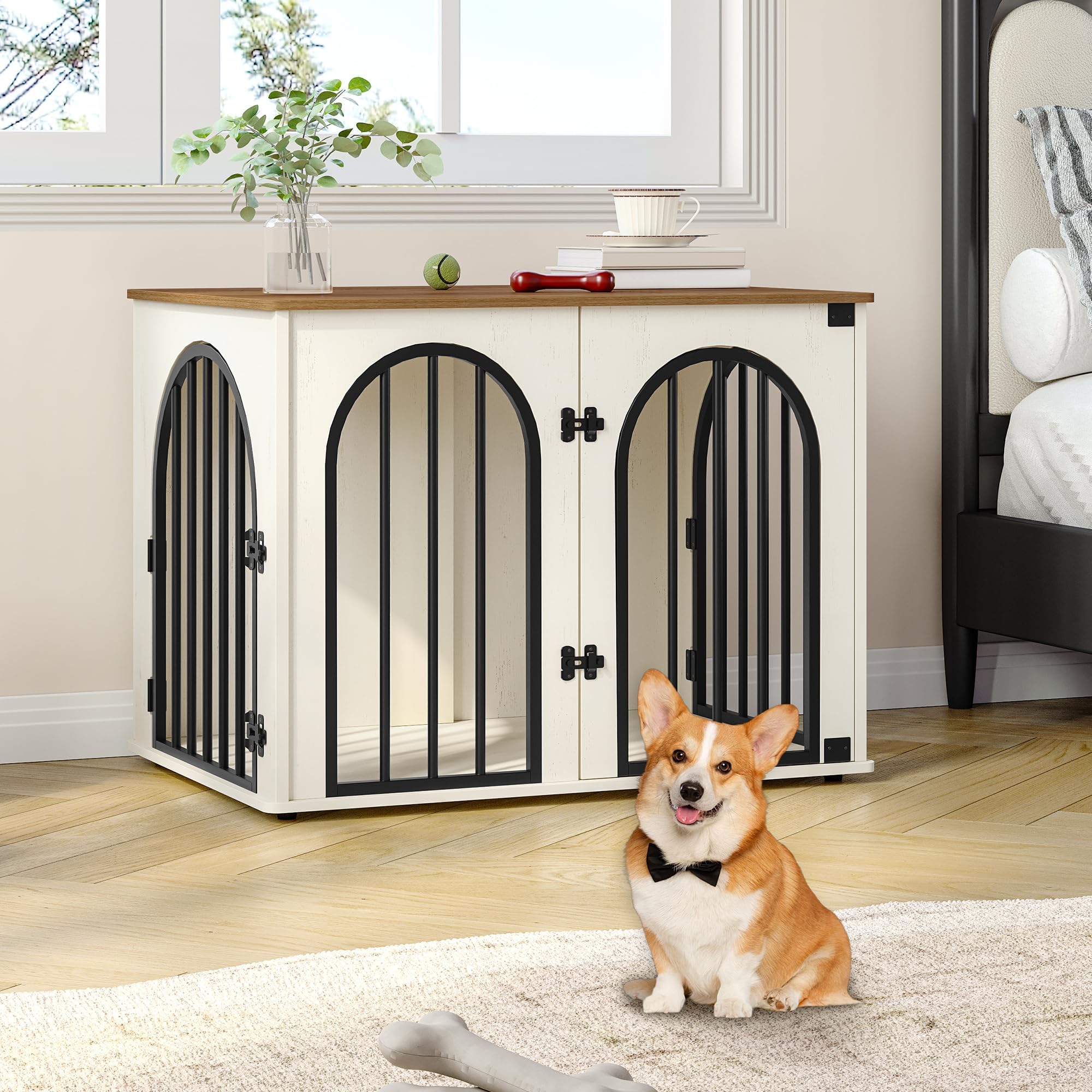 Hzuaneri wooden dog crate three-door design for versatile entry from multiple sides.