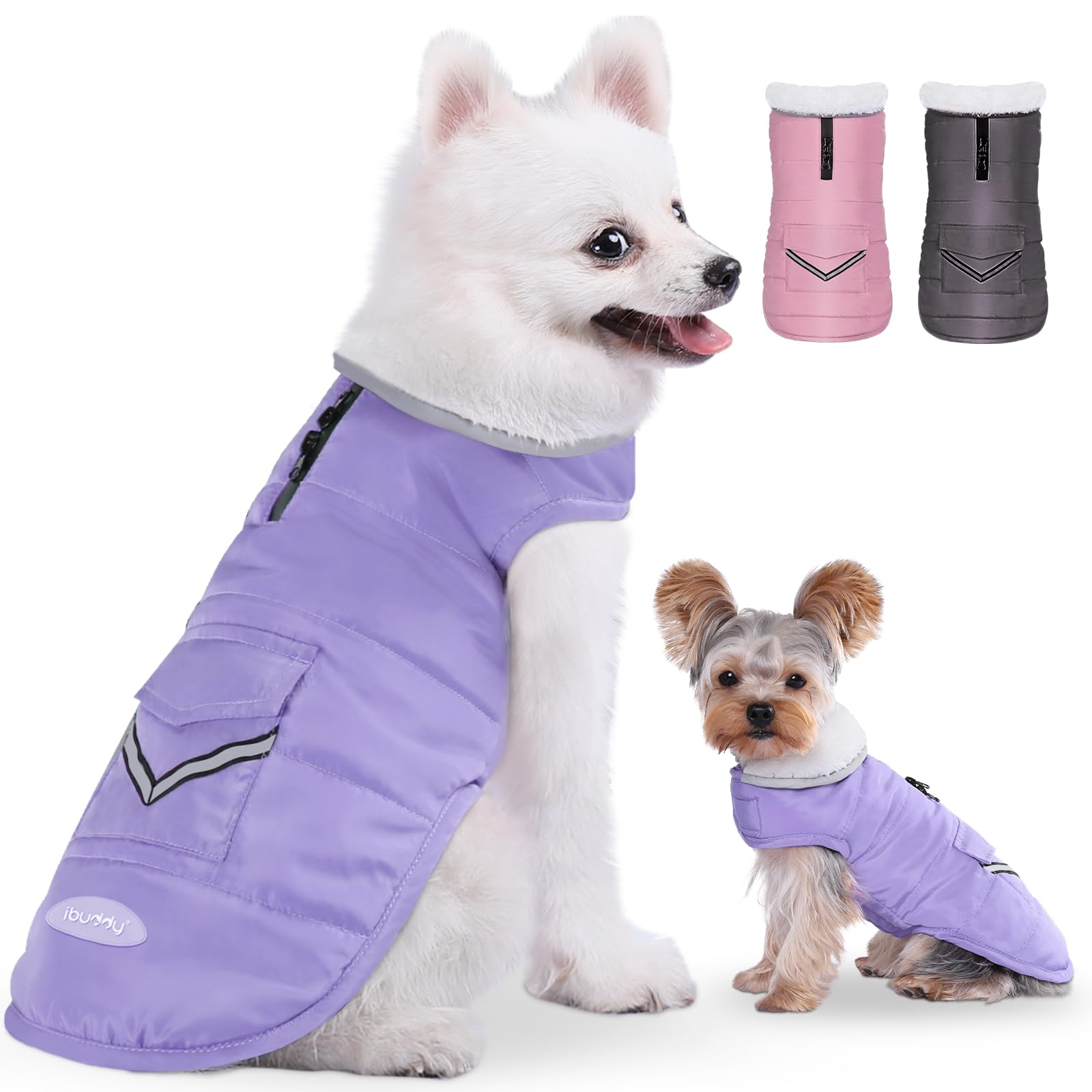 iBuddy dog winter coat back with reflective strip for nighttime visibility