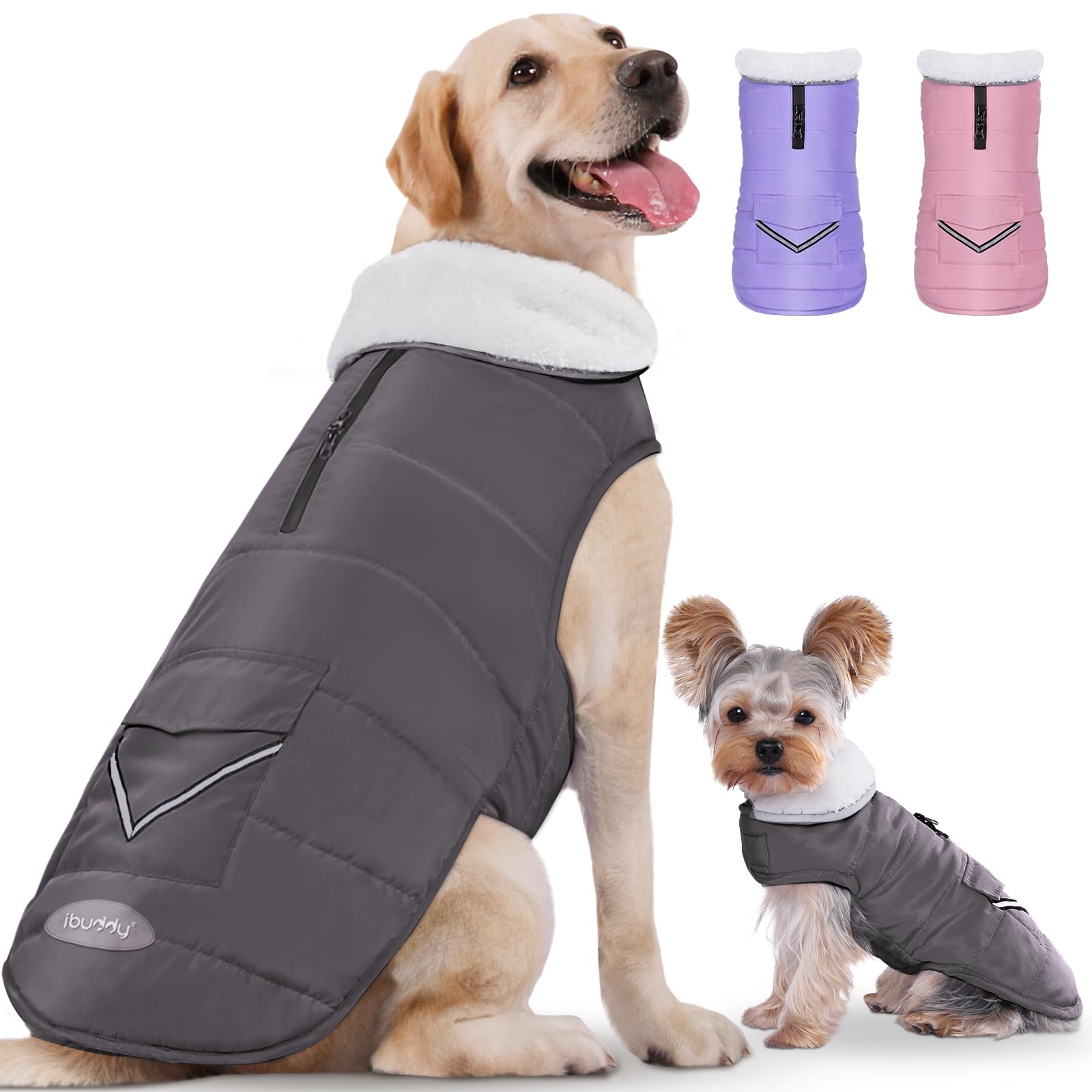 iBuddy dog winter jacket on back with reflective stripe for safer evening walks.