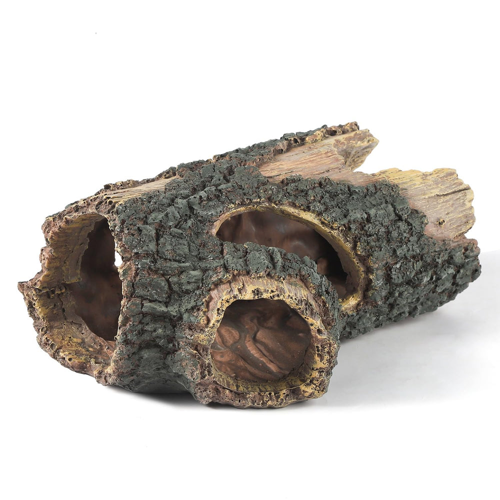 IBWell aquarium wood log closeup highlights realistic texture for natural fish hideouts.