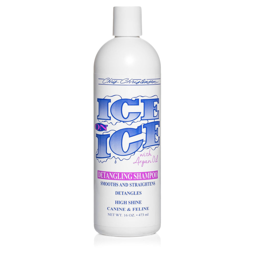 Chris Christensen Ice on Ice shampoo bottle front view highlighting strengthening formula for damaged coats.