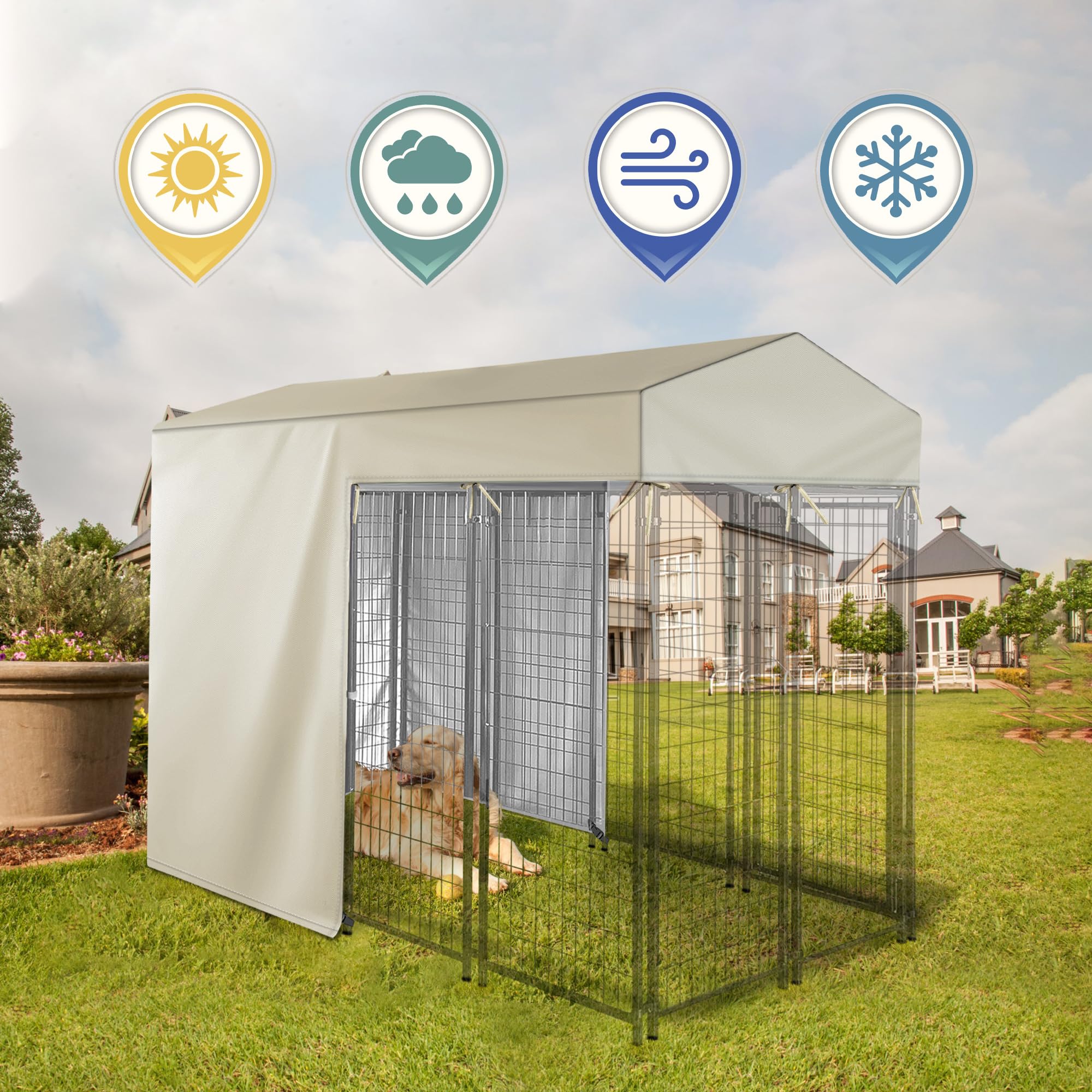 Iceberg Elf wind-protection kennel cover reduces drafts and keeps kennel sheltered.
