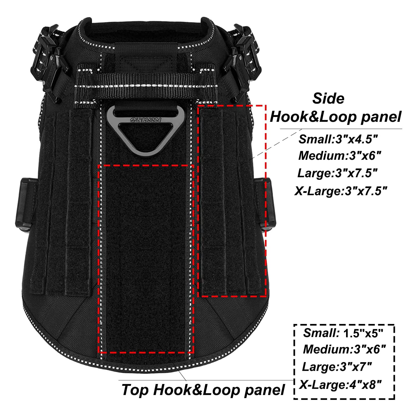 ICEFANG harness patch area shows loop panels for customizable identification.