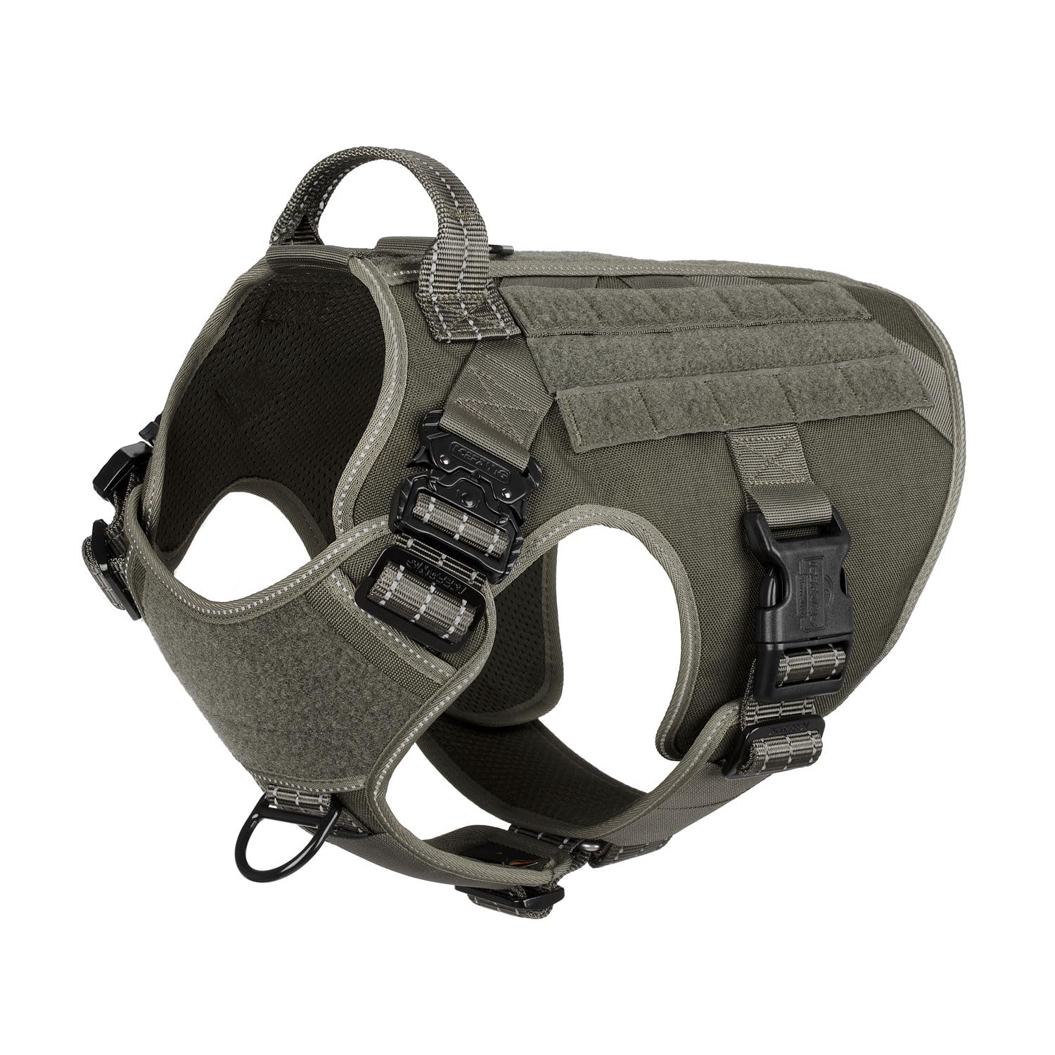 ICEFANG tactical dog harness green front view showing sturdy neck buckles for secure fit.