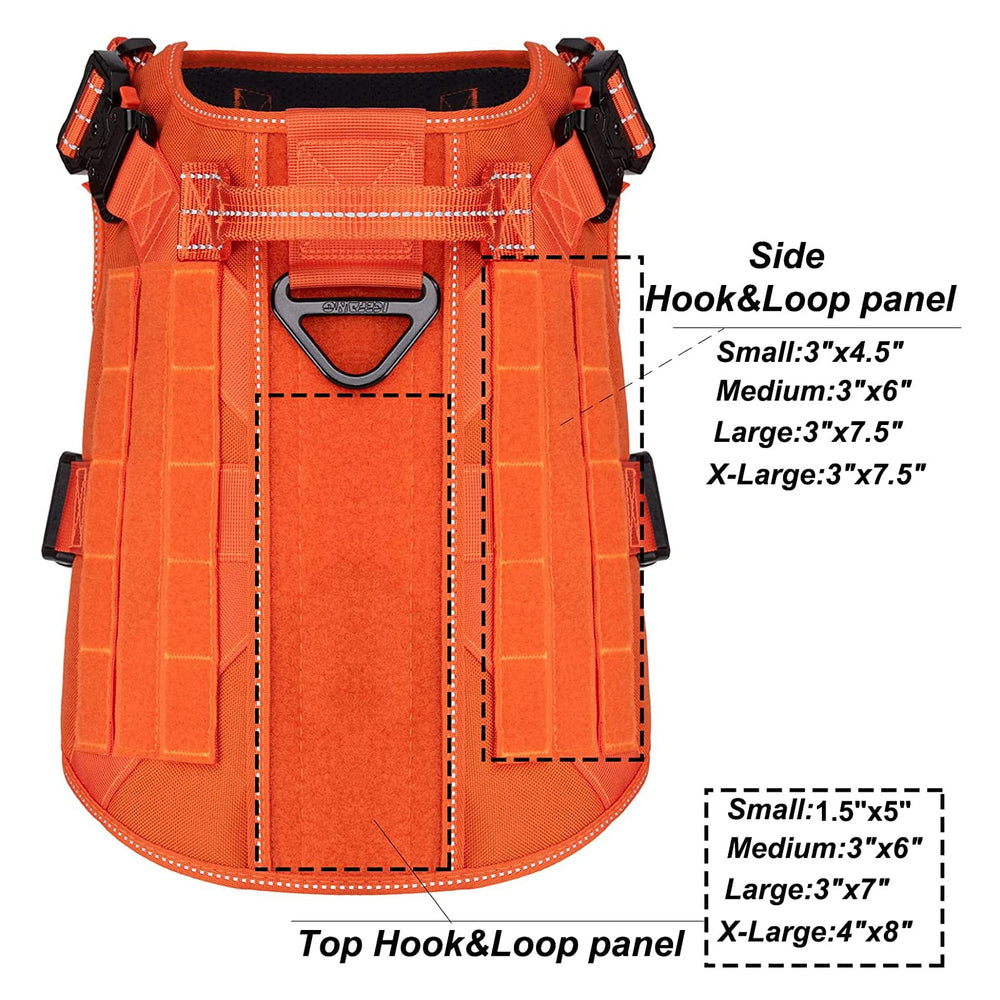ICEFANG tactical dog harness orange XL metal buckles close-up demonstrating durability