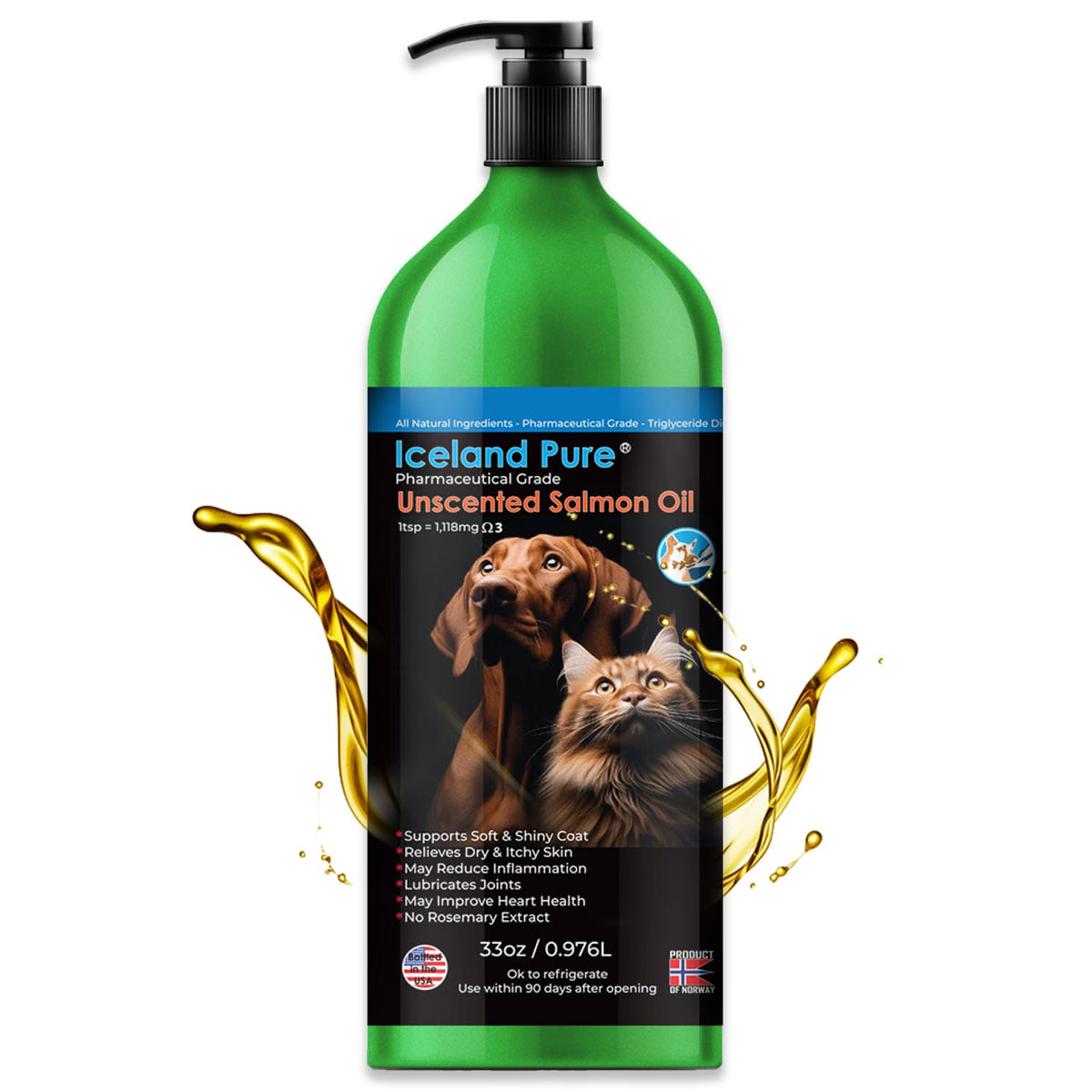 Iceland Pure Salmon Oil unscented pump bottle 33oz shows precise serving for consistent supplementation.