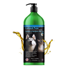 Iceland Pure Sardine Anchovy Oil bottle with pump for dogs and cats promotes a healthy coat.