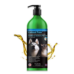 Iceland Pure Sardine Anchovy Oil bottle-pump for precise dosing during pet meals.
