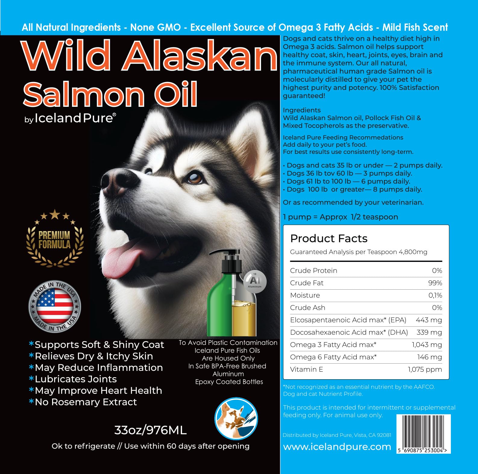 Iceland Pure Wild Alaskan Salmon Oil 33oz packaging for easy daily use