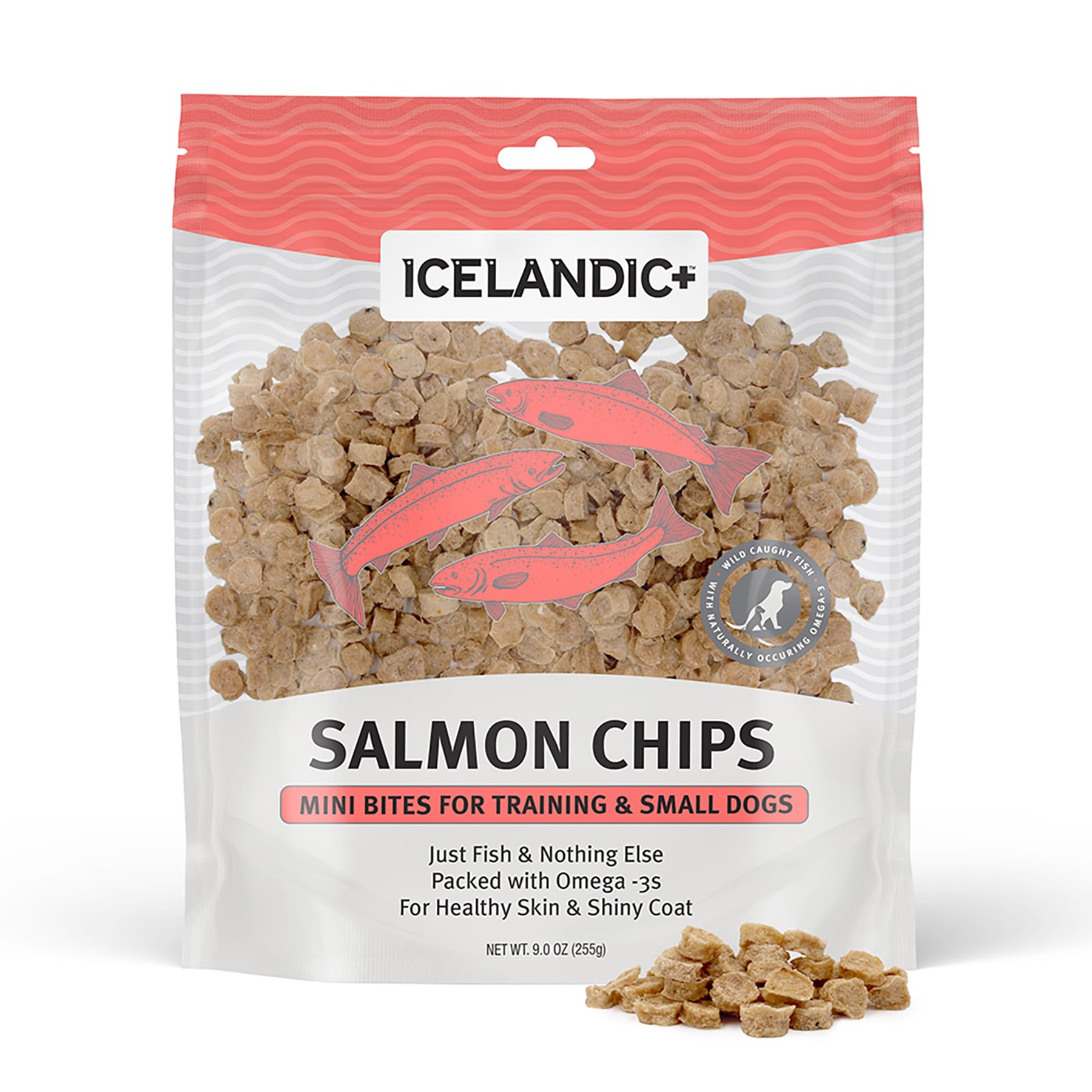 Icelandic+ Mini Fish Chips Salmon 9oz packaging — training reward for small dogs.