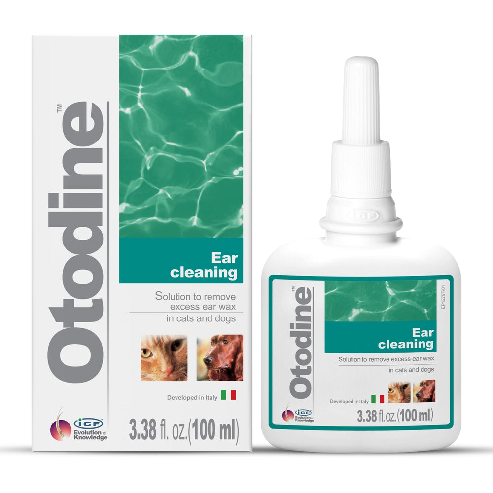 ICF Otodine dog ear cleaner bottle enables easy dosing for home ear care.