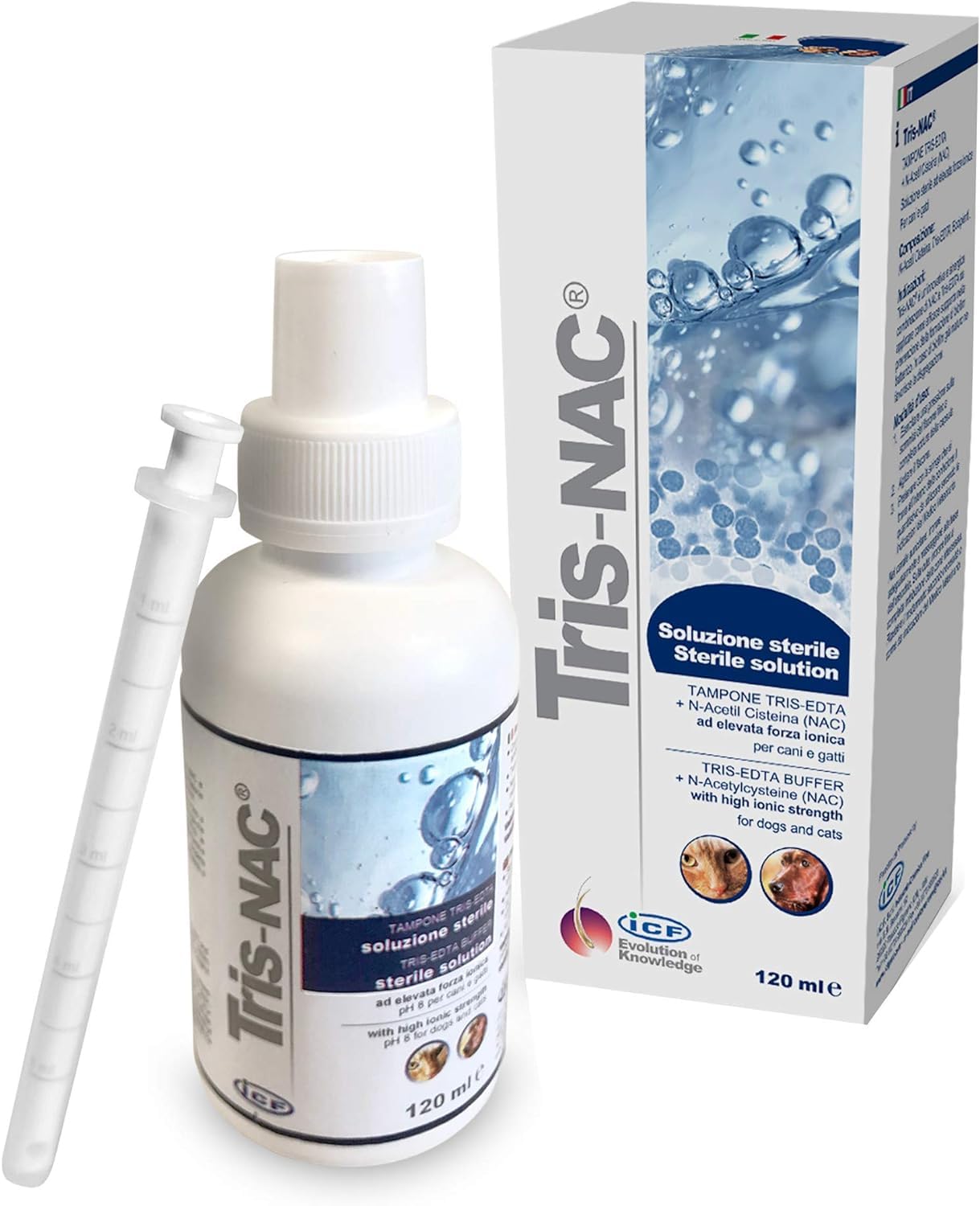 ICF Tris-NAC ear cleanser bottle pour for gentle, pet-friendly ear care routine.