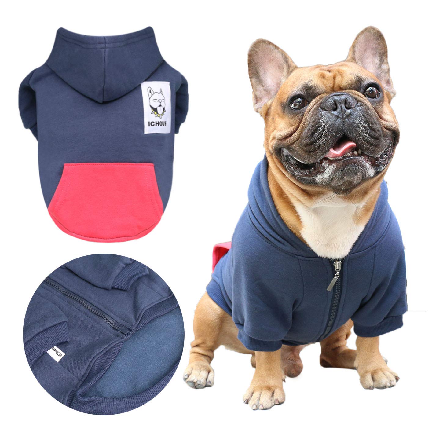 ICHOUE dog winter coat in navy provides soft warmth for cold days.