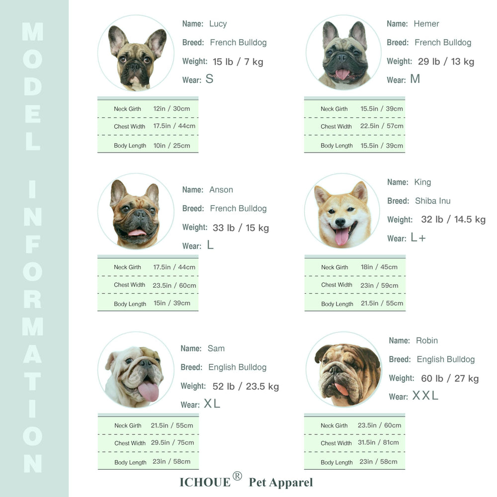 iChoue hoodie shows size range emphasis on comfortable fit for diverse breeds.