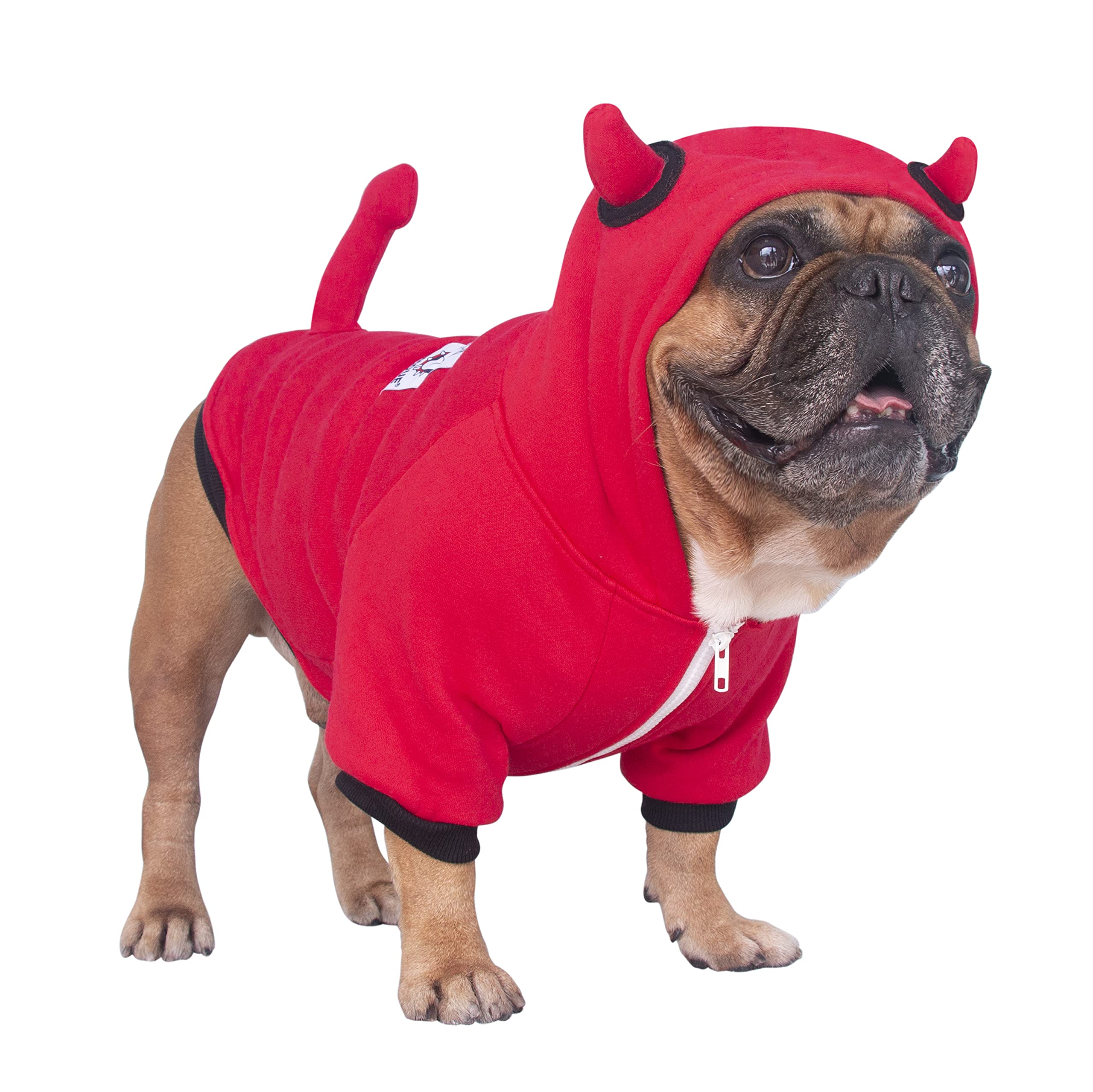 ICHOUE Little Devil Dog Costume red front view for playful holiday styling on bulldogs