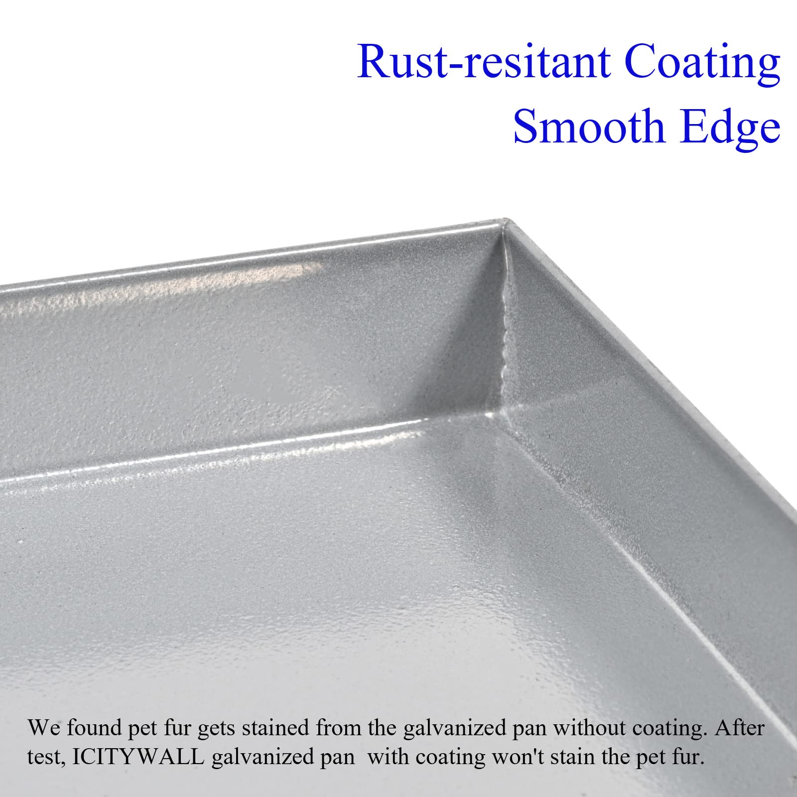 ICITYWALL hemmed edge tray safety feature highlighted for pet comfort during handling.